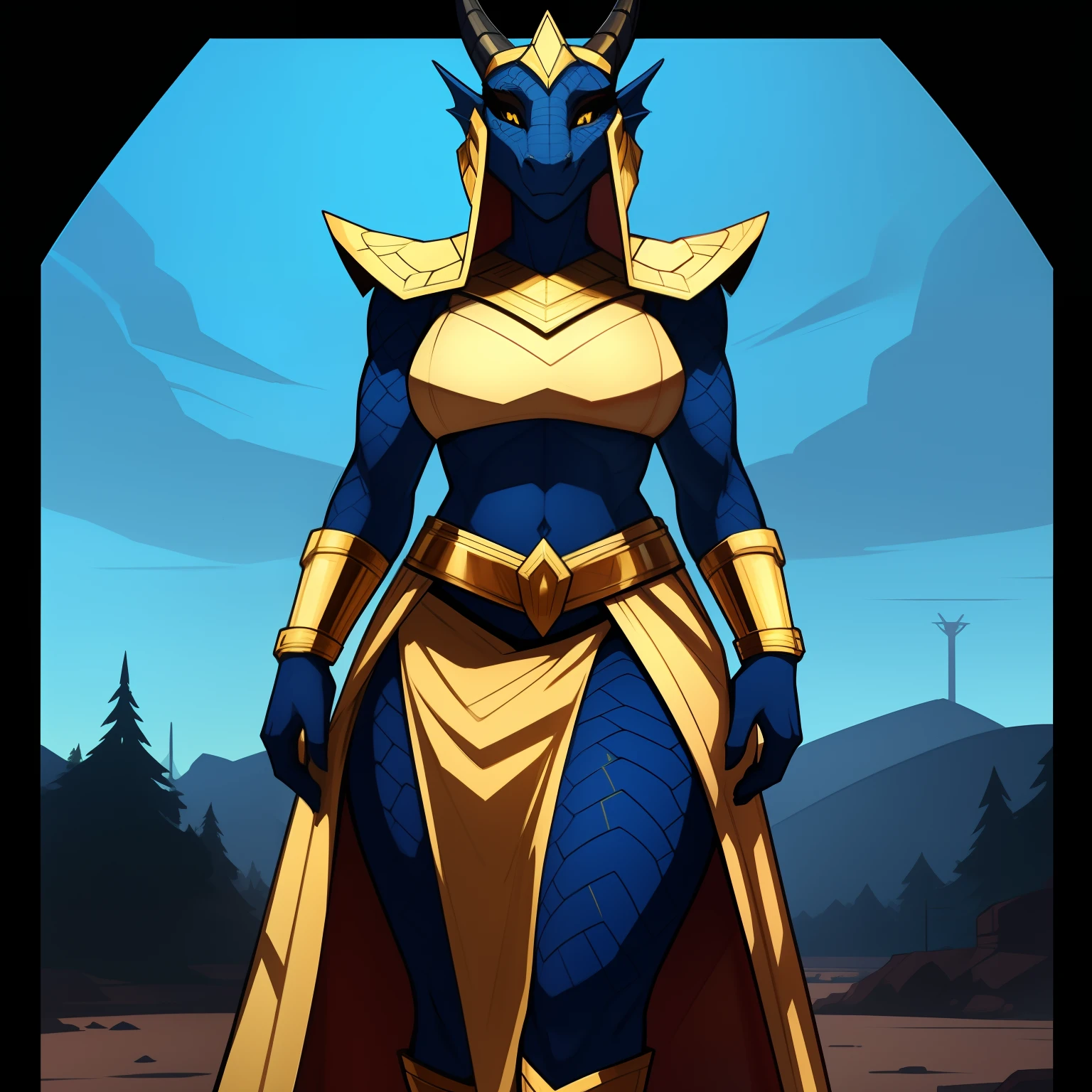 Tall_mature_dragon female blue_scaled_body spotted_scales yellow_eyes black_sclera slit_pupils gold_gorget gold_bracers gold_greaves solo Masterpiece best_quality absurdres highly_detailed cleanly_drawn_eyes anthro_only by_claweddrip, by_greasymojo, by_underscore-b, by_runawaystride