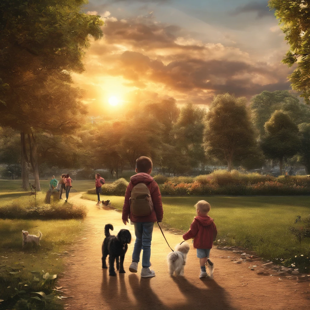 paisagem, por do sol, Children playing and dogs in a park