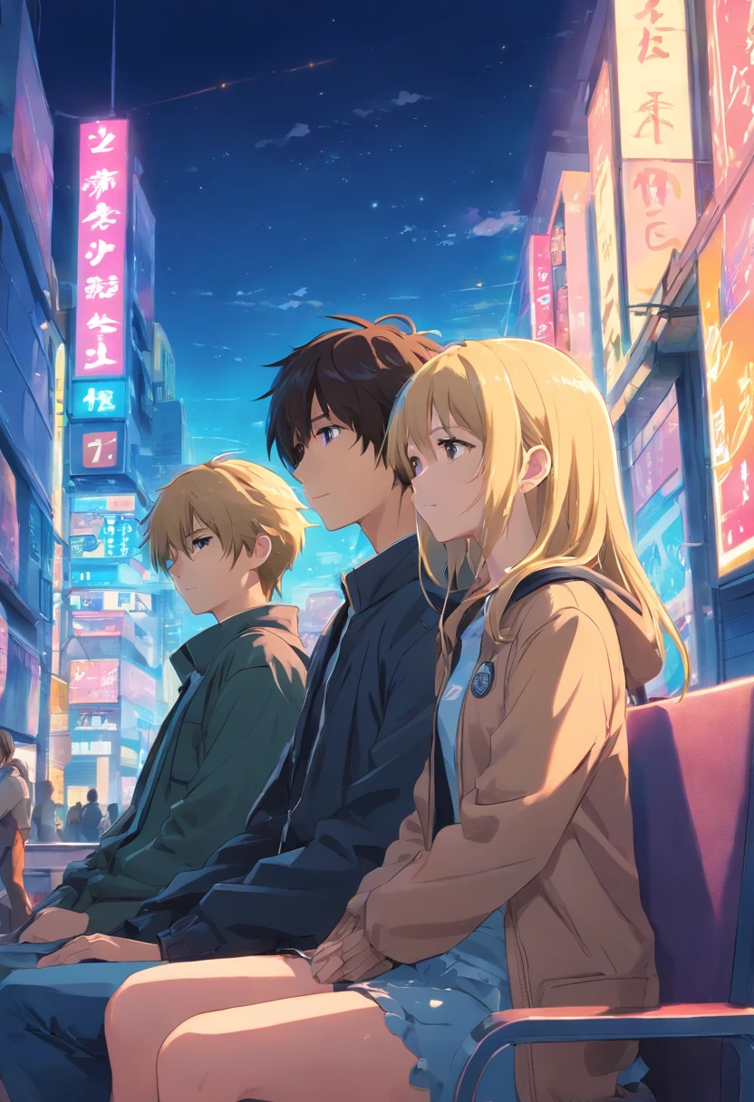 couple.Guy and girl. A 25-year-old guy in a black jacket, earring in the ear, blonde straight hair falls on the forehead. A girl with long dark brown hair sitting on a guy's lap. The girl is about 18 years old. Sitting on the same chair. in front of a computer. Neon colors in anime style. The atmosphere of love. Cuddling