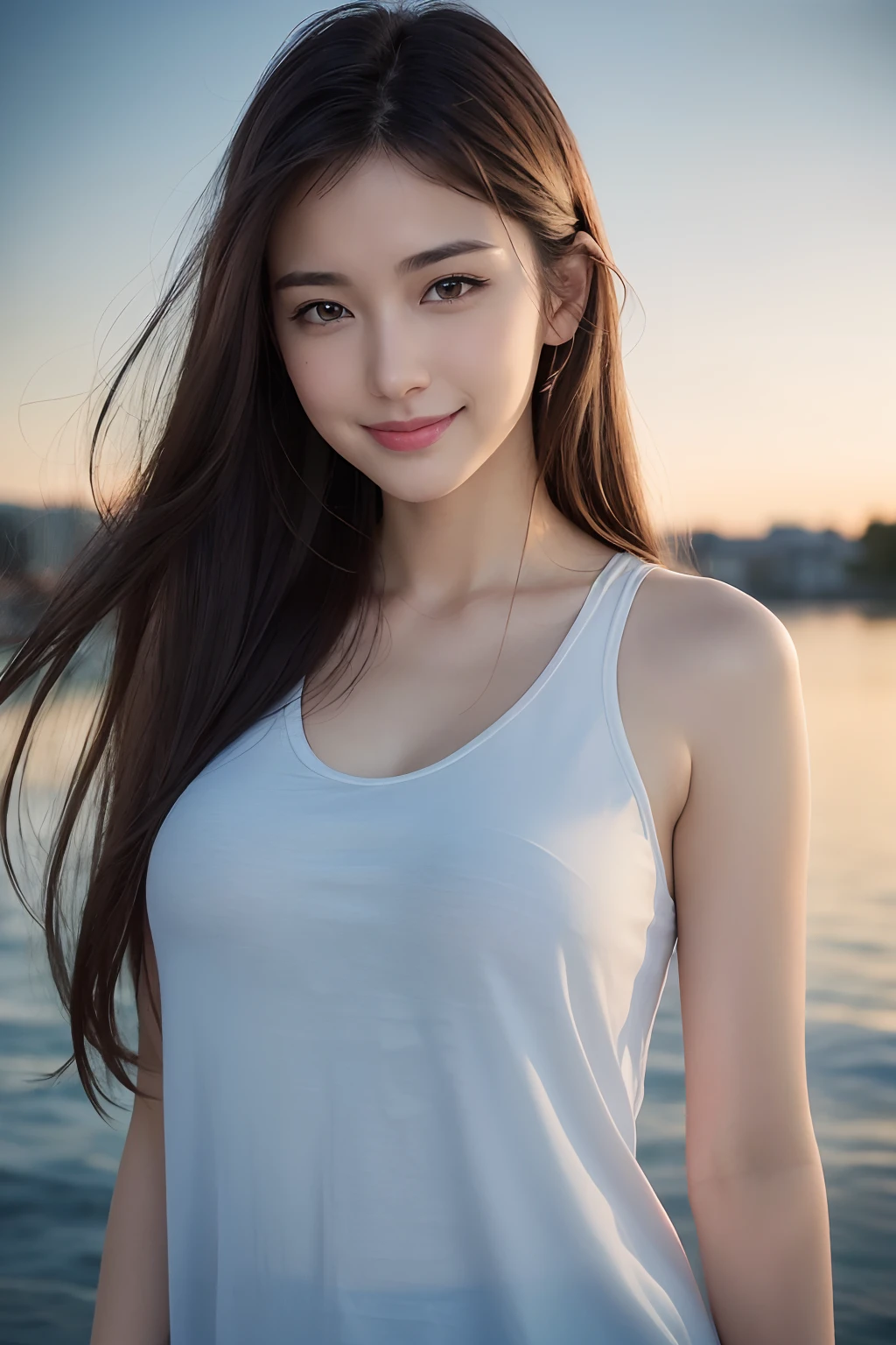 A woman in a white tank top standing next to a body of water - SeaArt AI