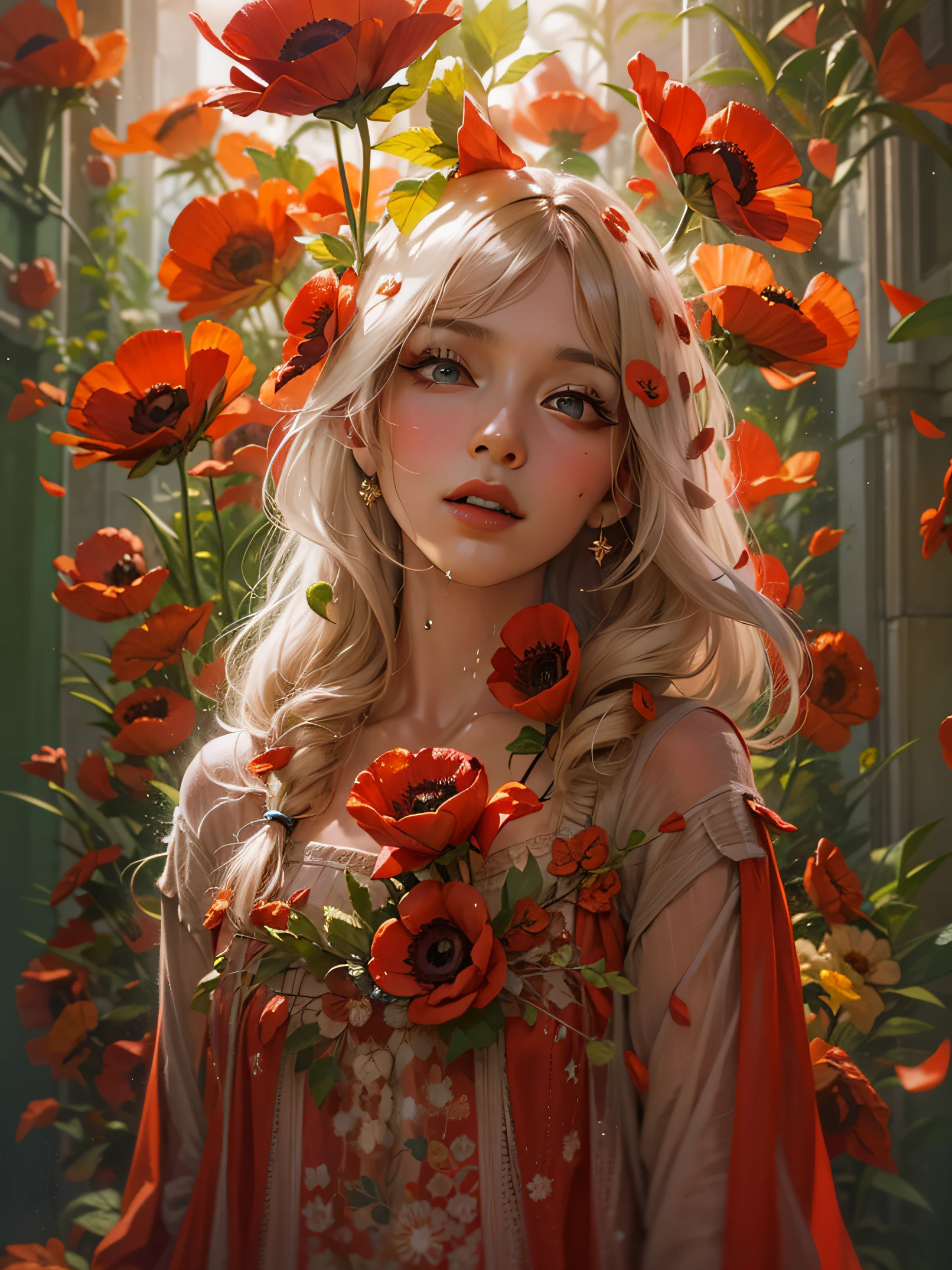 Beautiful princess of red poppies, Arnouveau style, symmetrically, fondness, sunlight rays, airiness, grace, Floral ornament, chiffon, Silk, Correct eye proportions, expressive eyes, long eyelashes, plump wet lips, Texture skins for the face, A lot of air, higly detailed, Doubleexposure, 30 thousand......, hyper realisitc, Hi-Def, soft-lighting