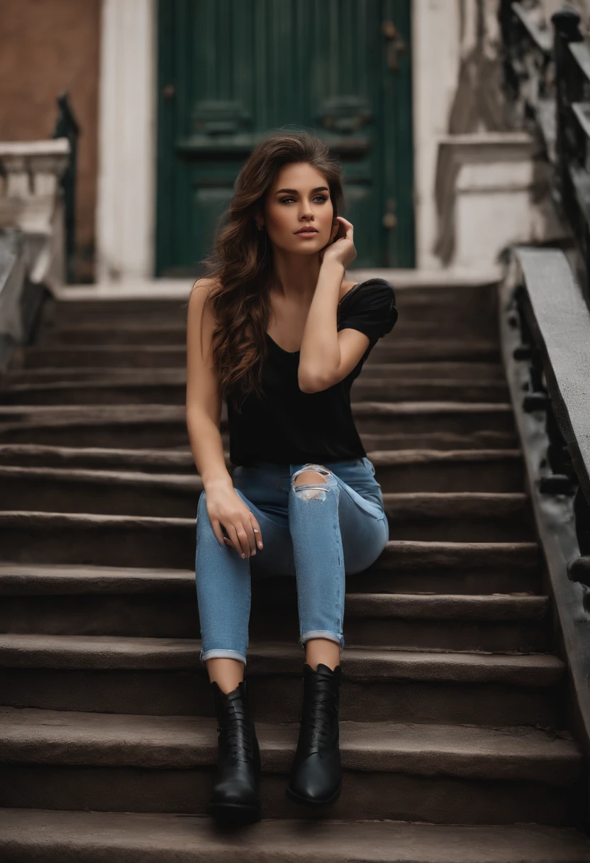 brunette, 1girl, cute, stairs, jeans, young, skinny, (3N1DS1NCL41R:0.9), realistic photo, extreme detail, street photo, {best quality}, {{masterpiece}}, {highres}