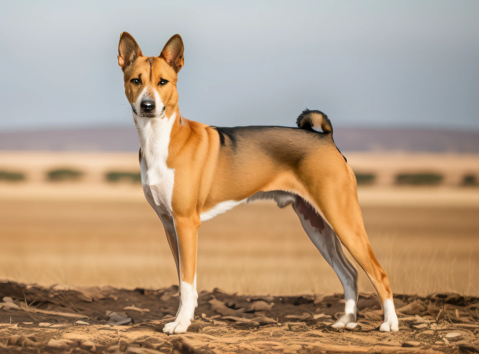 Fotografia do cachorro Basenji, parado na grama. This very old breed, studies of its DNA date back to prehistoric times. Rock paintings found in Libya dating from about 6.000 a.C. they already showed a dog very similar to Basenji in some hunting scenes. It is believed that at the time of the pharaohs he was worshipped and earned the title of sacred dog. It is considered that its origin is where today we have the well-known Democratic Republic of the Congo, although very similar subspecies can be found throughout the African continent.
The Basenji was used as a hunting dog for birds and antelopes, as a guide in the bush or in the forest and also had the function of guardian of the villages.
Em 1800, the first specimens of the breed were brought to Britain, an 1843 painting belonging to Queen Victoria and Prince Albert shows Basenji dogs in England. Apenas alguns anos depois (por volta de 1940), this dog arrived in the United States, where the breed is currently widespread. In some African countries it is still used as a hunting dog, while in Europe and the USA the breed is considered a companion dog.