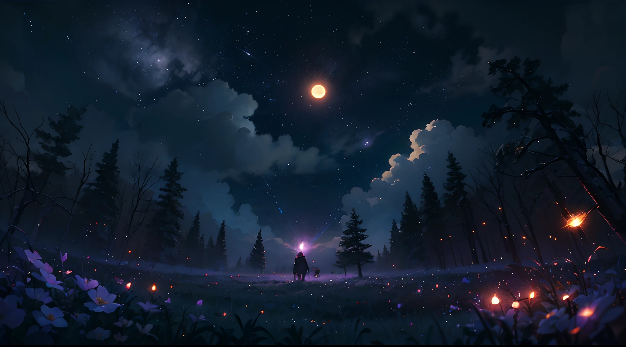 Band of bards playing music under starry sky (1.4), flowers, fire, fly agarics, fireflies ), full moon, (detailed), firefly (detailed), night night, reflection of the moon, (1:3), fireflies, BREAK production art, (cold light source:1.2), purple, fire particles, colors, complex details, volumetric lighting, realistic fantasy BREAK (masterpiece:1.2), (Best Quality), 4K, Ultra Detailed, (Dynamic Composition: 1.4), High Detailed, Colorful Details, (Gloomy Colors: 1.2), (Luminous Lighting, Atmospheric Lighting), Gloomy, Dark, Magical --auto --s2