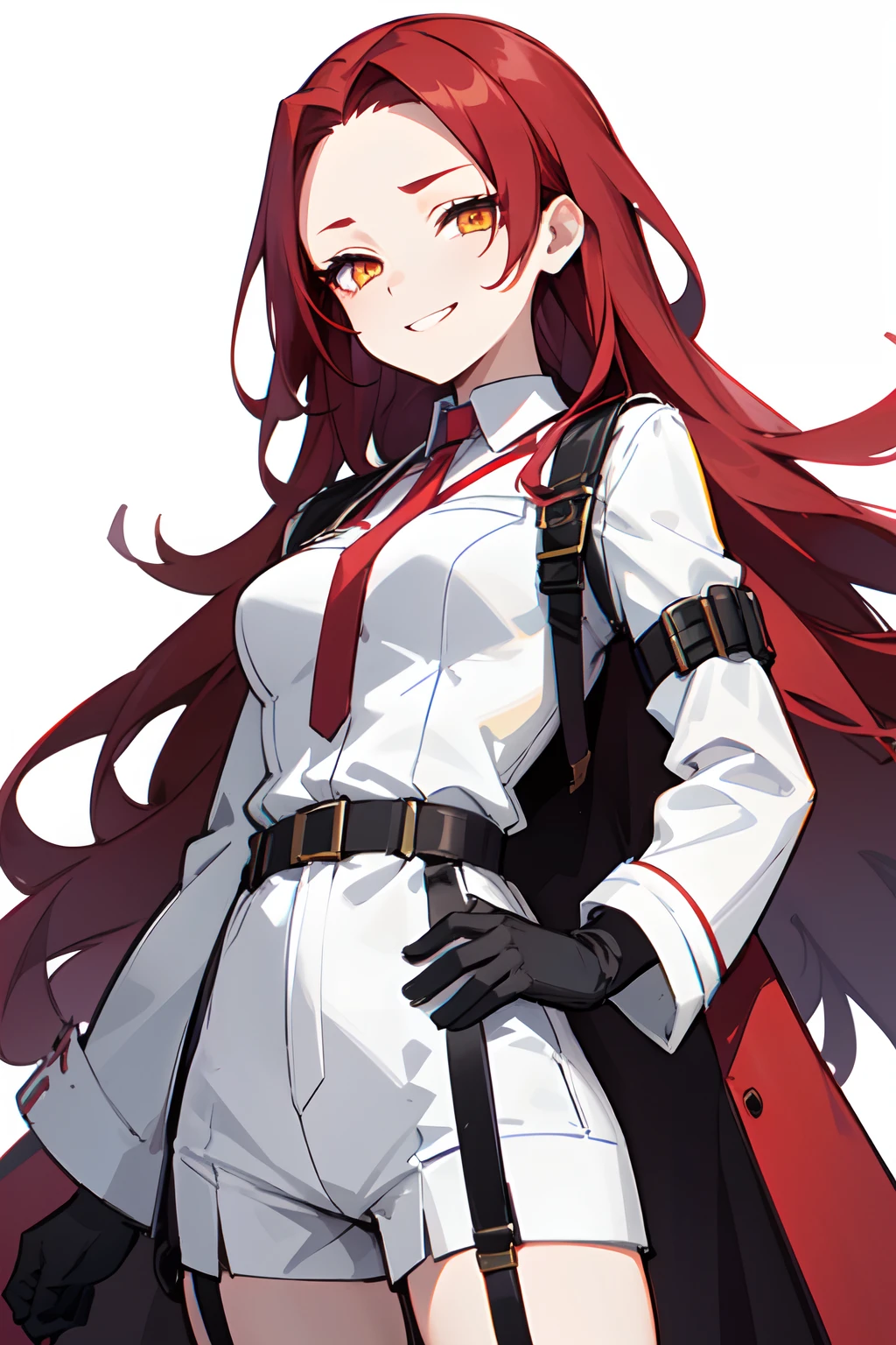 1girl, woman, solo, long hair, big hair, (forehead:1.2),, yellow eyes, ((scarlet red hair)), medium breasts, devilish grin, smug, evil smile, white hair, (overcoat, black coat, open coat:1.2), white shirt, collared shirt, (chest harness, shoulder strap:1.15), black leather shorts, garter belt, gloves, (from below), elegant, looking at viewer, standing, chromatic aberration,, face only masterpiece, best quality, 4k