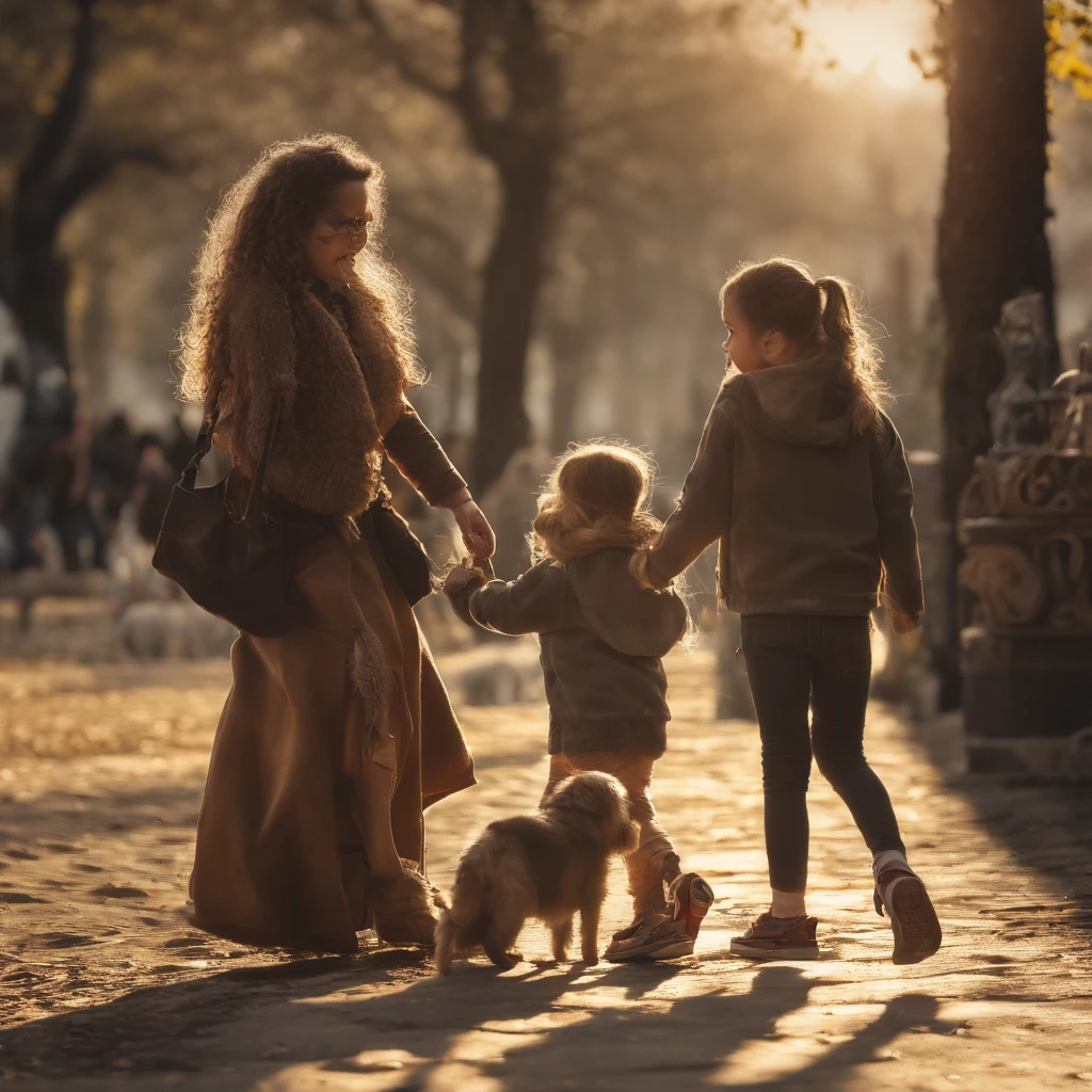 num parque, por do sol, Children playing with dogs, sendo uma adulta (mulher) e o cachorra (femia) e um garoto(barnet)