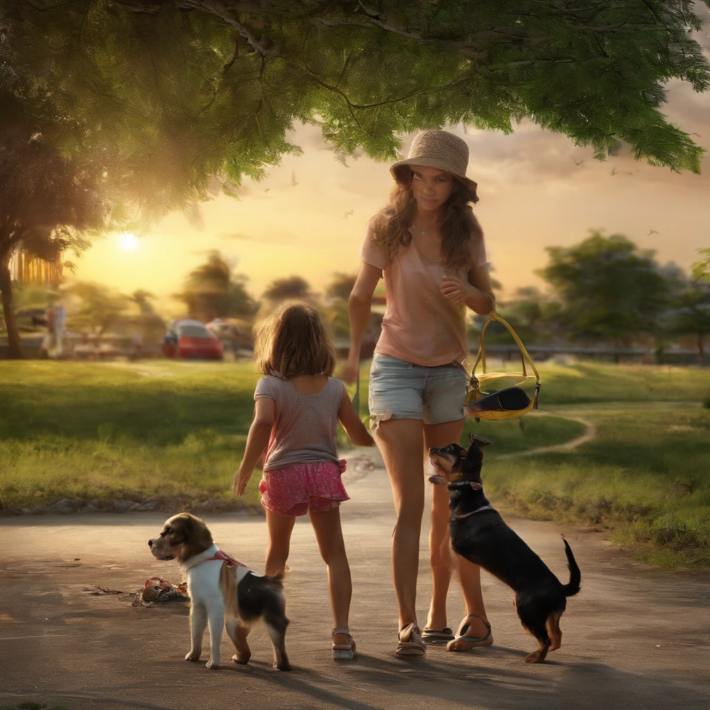 num parque, por do sol, Children playing with dogs, sendo uma adulta (mulher) e o cachorra (femia) e um garoto(barnet)