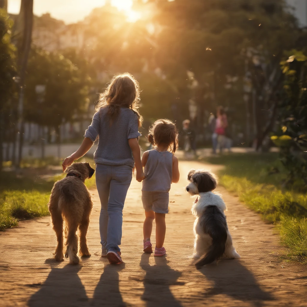 num parque, por do sol, Children playing with dogs, sendo uma adulta (mulher) e o cachorra (femia) e um garoto(barnet)