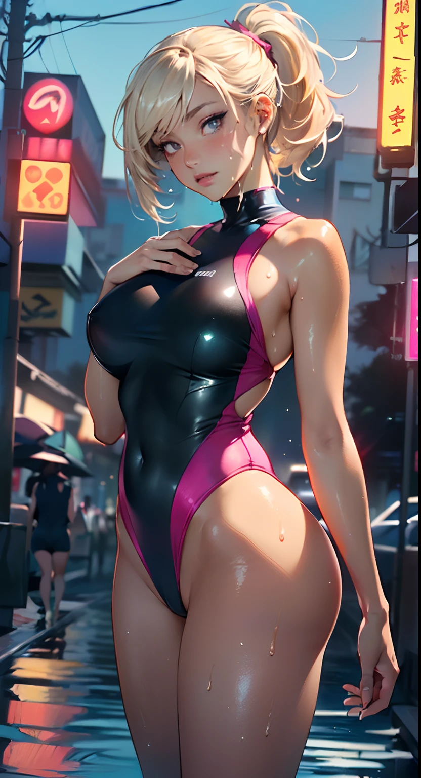 girls swimmers,(2girls,2 girls,2girl),two girls,multiple girls:1.5,((girls, twins with extremely cute and beautiful blonde)), (((twins,equal girls, identic girls,lesbian,lesbians,yuri,hugs))),
(large breasts:1.4),saggy breasts,(((very light blonde ponytail hair:1.35,straight hair,ponytail long hair:1.4,colored inner hair,ear breathing))),(((heterochromia:1.5,eye1 blue,eye2 green))),intricate eyes,beautiful detailed eyes,symmetrical eyes,((fat)),(((lustrous skin:1.5,bright skin: 1.5,skin tanned,shiny skin,very shiny skin,shiny body,plastic glitter skin,exaggerated shiny skin,illuminated skin, wet legs))),(spider lower abdomen,narrow waist,wide hip,athletic body,inflated legs,delicate detailed fingers,detailed body,human hands,(detailed face)),
cute,slutty,seductive,erotic,(((nsfw))),
((one-piece_swimsuit magenta,wearing a one-piece_swimsuit outfit:1.3,magenta swimsuit:1.3)),((wet clothes,intricate outfit,intricate clothes)),
(dynamic pose:1.0),embarrassed,(centered,scale to fit dimensions,Rule of thirds),
cyberpunk city by the ocean at night, with bright neon signs and dark stormy clouds and puddles, scenery:1.25,
highres, sharp focus, (ultra detailed, extremely detailed), (photorealistic artwork:1.37),(extremely detailed CG unity 8k wallpaper),((synthwave background theme)),(((vibrant colors))),(intricate background),(masterpiece),(best quality),