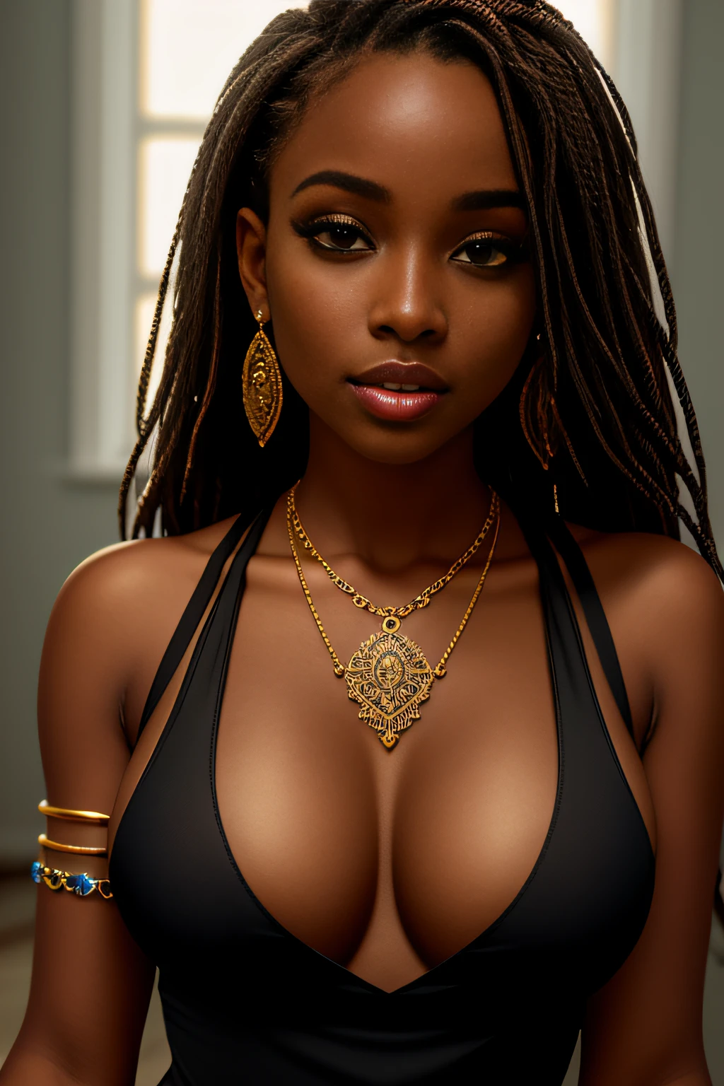 photo of a African ebony woman wearing a white tank top with hoodstarworld in black letters across chest , sideboob,  stunning, gorgeous woman, girl boss, jewelry, earrings, necklace, sexy attire, long hair, looking at viewer, Realism, VFX, Volumetric Lighting, Volumetric Light, Volumetric, Natural Lighting, high details, detailed and intricate, intricate details, high intricate details, absurd amount of details, absurdres, high resolution, Medium Shot, Single Shot, Shallow Focus, Lips, Medium Breasts, Bracelet, Charm, Band, Wrist, Necklace, Chain, Charm, Neck,