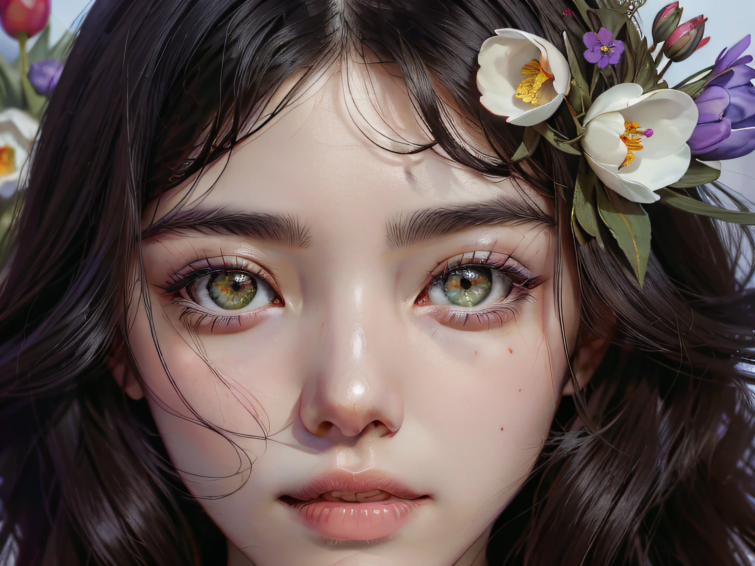 The face of an oriental woman,HD close-up of face,dark bright eyes,Jet black smooth hair,Surrounded by flowers on all sides,Red tulips,White tulips,Purple tulips,Pink tulips,Light green tulips,Black gold rim tulip,A sky full of white stars,Green leaves,