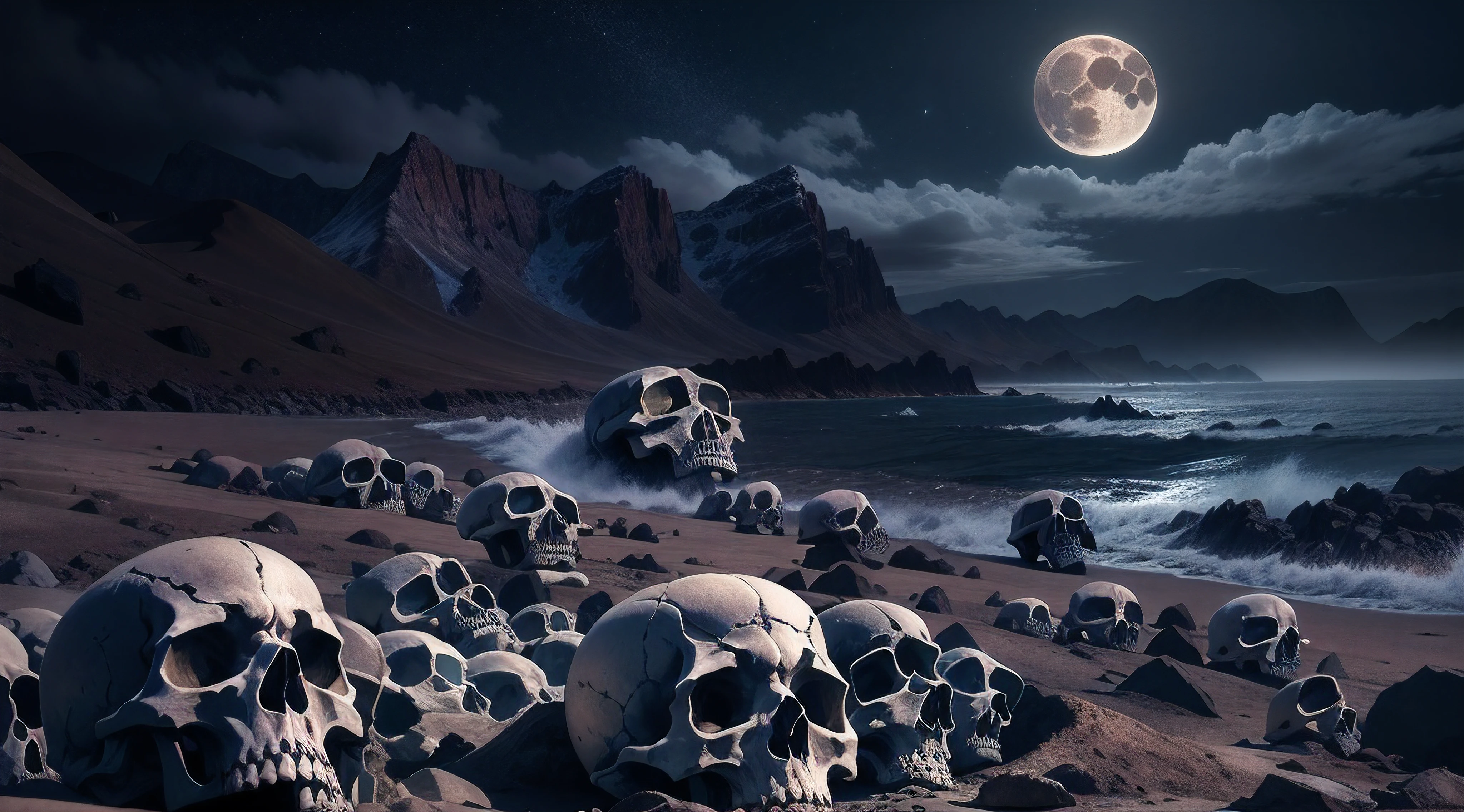(La mejor calidad,4k,8k,Altas Resoluciones,Obra maestra:1.2),Ultra detallado,(realista,fotorrealista,fotorrealista:1.37),Ocean of bones, Human skulls and skeletons, estiramiento hasta donde alcanza la vista,Dramatic lighting illuminated by a full moon,Dramatic lighting,Mountainous landscape in the background,Mountains illuminated by the moon,Ocean of bones and skulls extending beyond the horizon,Majestic mountain range bathed in moonlight,Ocean of endless bones and skulls,illuminated by the ethereal glow of a full moon,Dramatic lighting casting deep shadows over the bone-filled landscape,mountain peaks rising in the distance,Menacing but impressive silhouette of mountains,Bones and skulls illuminated by the moon like a powerful sea,Dark, gloomy mountainous backdrop under the bright moonlight,Surreal ocean of bones and skulls,extending as far as the eye can see,La luz ambiental de la luna proyecta un resplandor espeluznante sobre el paisaje desolado,Gloomy mountain range beneath a luminescent full moon,oscuro, Mysterious mountains rising ominously in the distance.