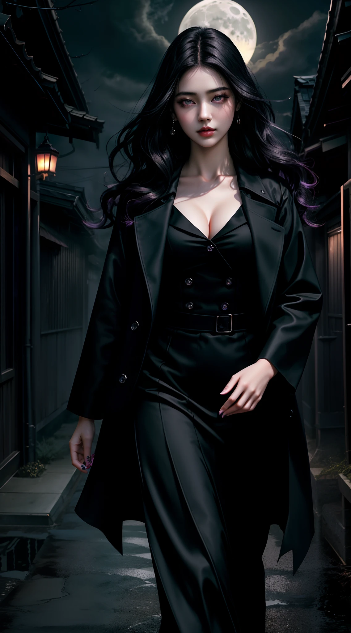 Photo realistic, Horror theme, realistic high quality masterpiece,1girl, (beautiful) Japanese female,ultra detailed face, age 27,symmetrical face & eyes, glowing violet eyes,pale skin, wavy long black hair, walking down dark foggy, moonlit alley large moon in sky in background with clouds, moonlit,with fog and shadows, spooky,nightime,cinematic lighting,dressed conservatively, wearing a deep purple cotton blouse, & double breasted coat black (buttoned up) closed coat black, long length black skirt black., fix hands, detailed lips, ((eyes to the camera)))