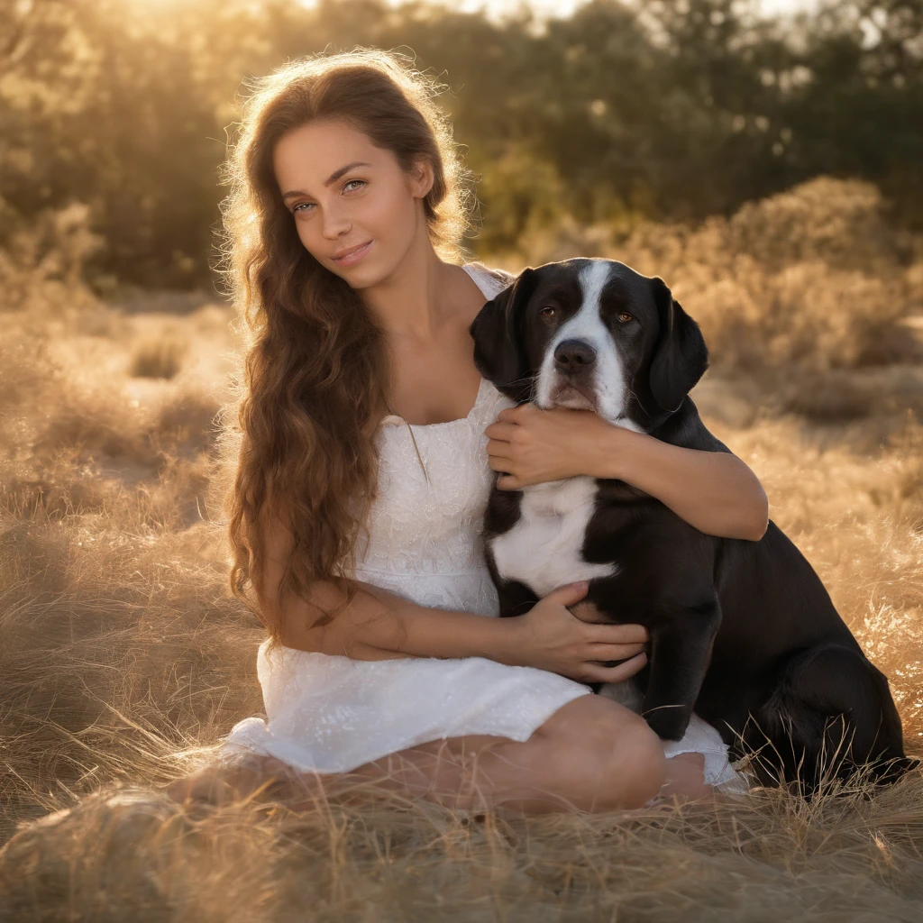 uma mulher adulta (mae); e um menino (barnet); e um cachorro, eles estao num parque ao ar livre de frente para o por do sol, e todos estao felizes