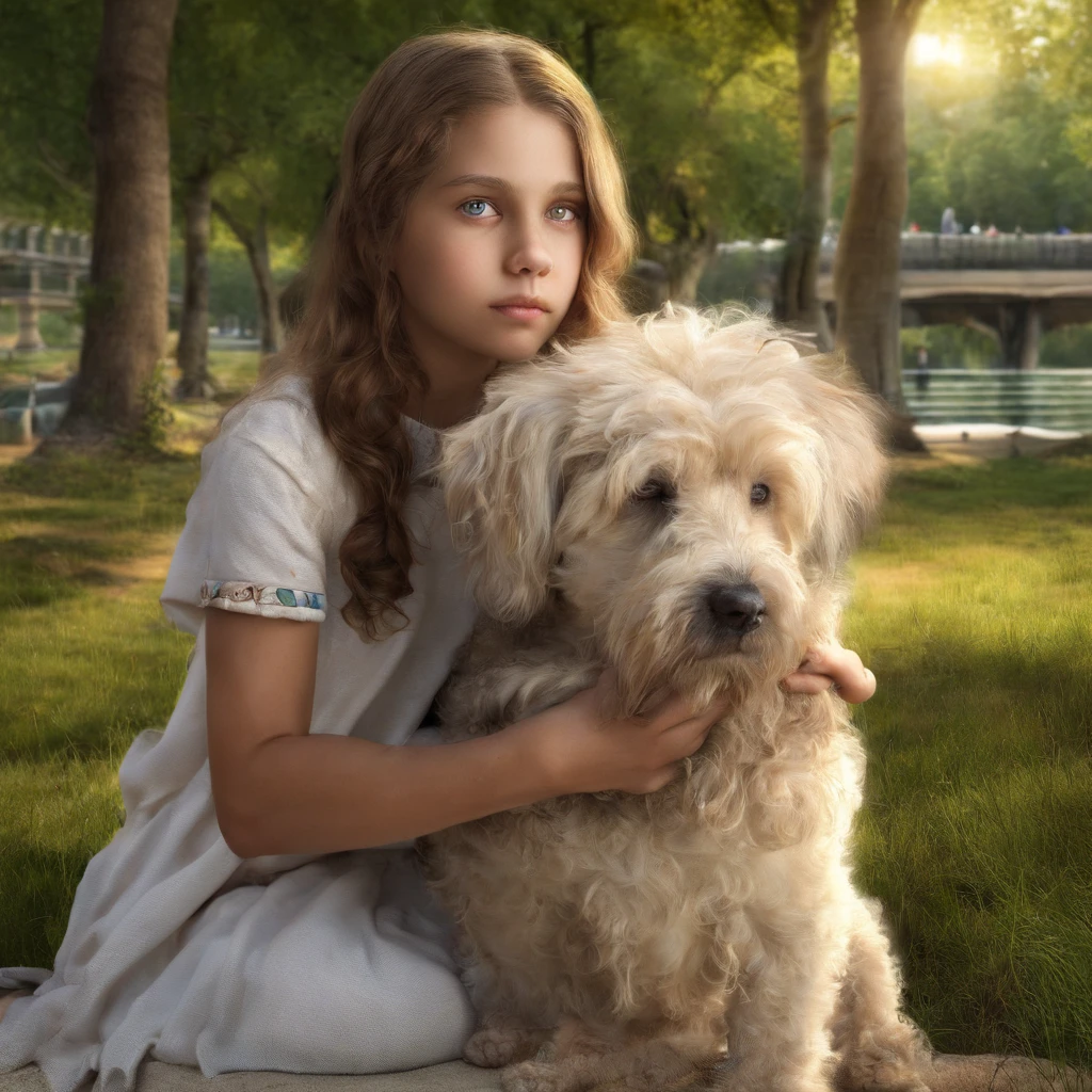 uma mulher adulta (mae); e um (barnet); e um cachorro, eles estao num parque ao ar livre de frente para o por do sol, e todos estao felizes