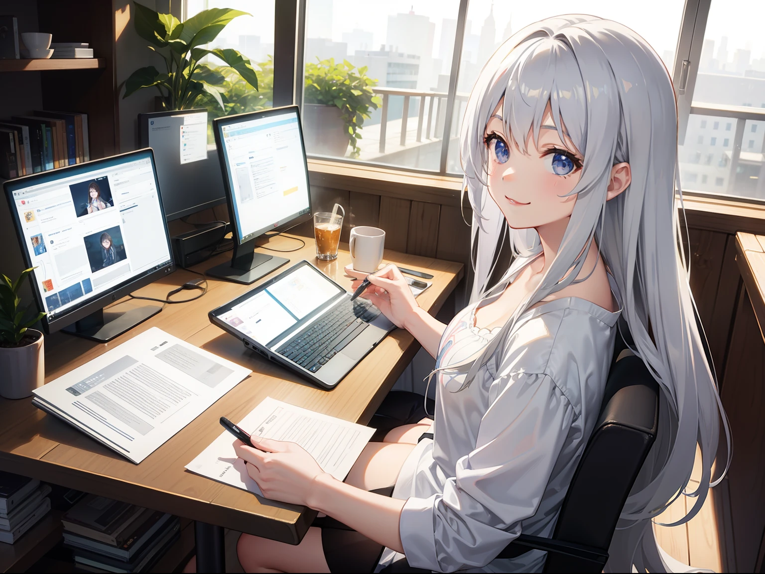 Open Cafe、brightened light、Woman using laptop、silber hair、Semi-long hair、A smile