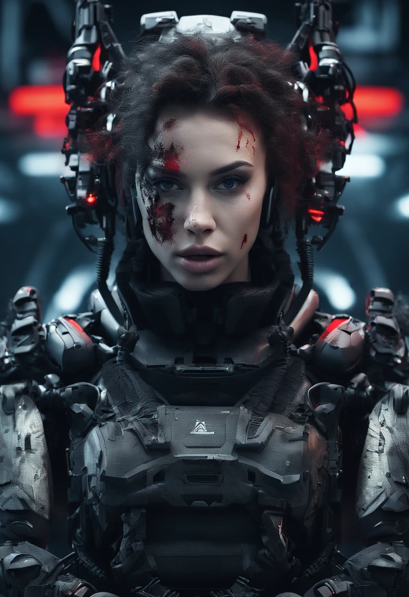 Beautiful surreal photo of cute young Swedish woman with rune tattoo, ((Dirty face blood splattered)), (((Wearing Full Heavy Mech Armor, Combat Harness, Neon Highlights))) short red dreadlocks, (((Sitting in futuristic tank pose))), (Exterior of military facilities on background), Camouflage Net, Ammunition crates, fires, Smoke, wreckage, Camouflage Net, Ammunition crates, Rain, stormy, Wet, Abstract beauty Abstract beauty, near perfect, Pure form, Golden ratio, Concept art, intricate detailes, 8k post-production, High resolution, Super Detail, Trending on ArtStation, Sharp Focus, studio photo, intricate detailes, Very detailed, by Robert Capa