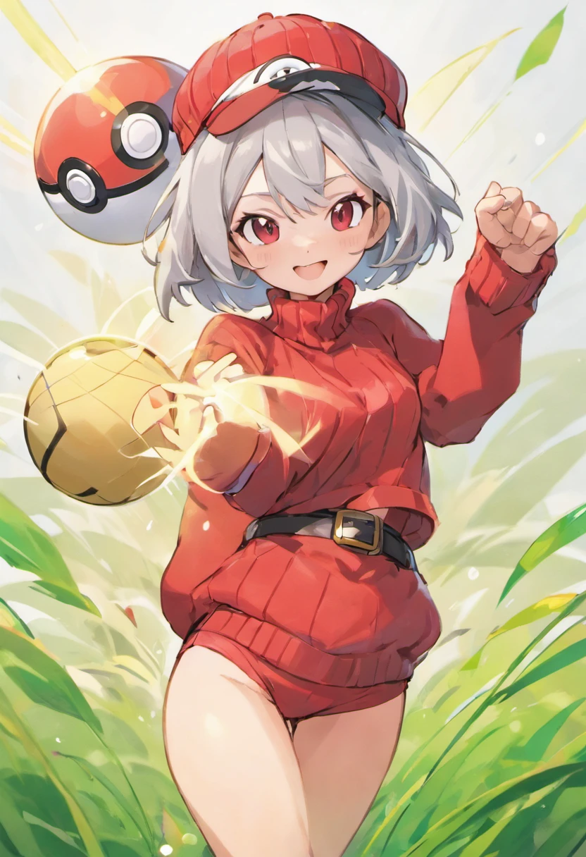 Hi-Res, 1womanl,Pose with your arms stretched forward, 独奏,Holding a Poké Ball in Your Hands, grey eyes, white hair, Red glasses,Red Baseball Cap, Red knitted turtleneck with long sleeves, White shorts, a belt, Grassy, deph of field, The best smile, Stick out the arm holding the poké ball, put hands on the hip