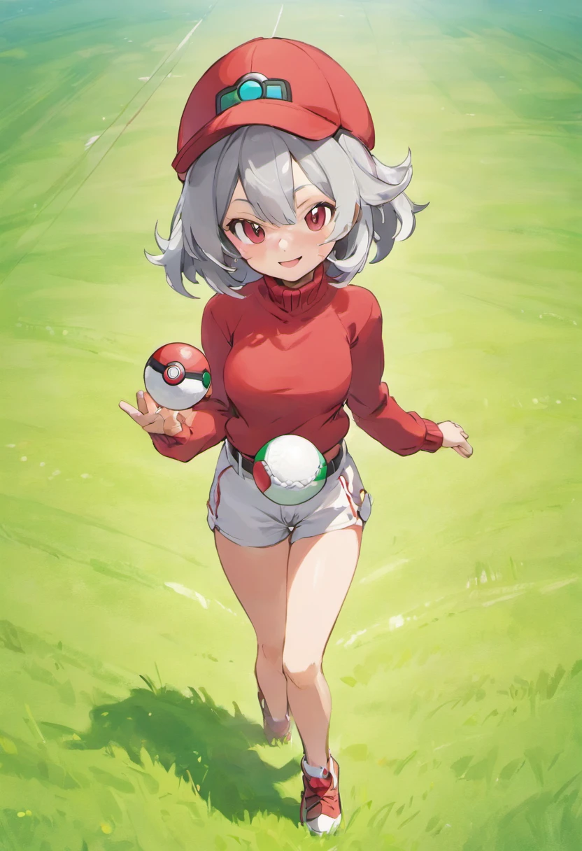 Hi-Res, 1womanl,Pose with your arms stretched forward, 独奏,Holding a Poké Ball in Your Hands, grey  eyes, white  hair, Red glasses,Red Baseball Cap, Red knitted turtleneck with long sleeves, White shorts, a belt,  Grassy, deph of field, The best smile, Stick out the arm holding the poké ball, put hands on the hip