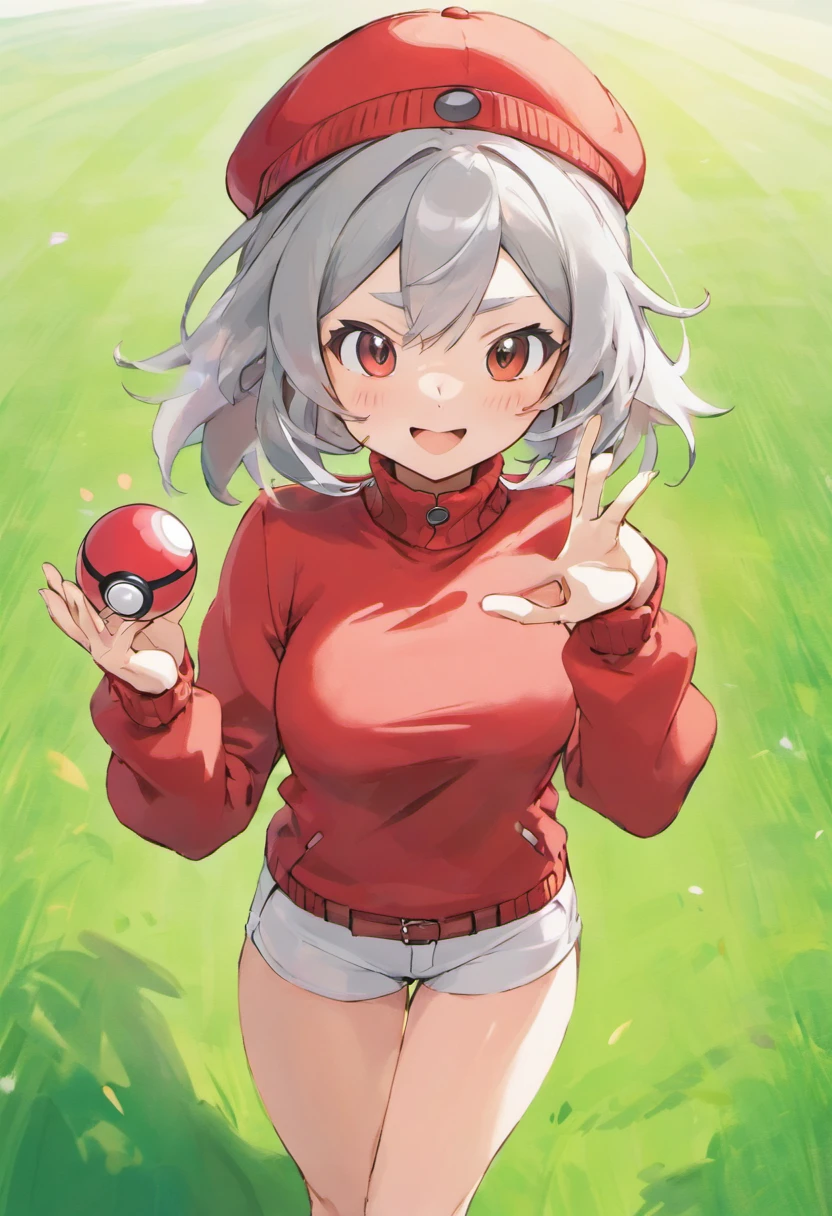 Turtleneck knitwear,Red glasses,Hi-Res, 1womanl,Pose with your right arm stretched forward, 独奏,Holding a Poké Ball in Your Hands, grey  eyes, white  hair, Red glasses,Red Baseball Cap, Red knitted turtleneck with long sleeves, White shorts, a belt,  Grassy, deph of field, The best smile, Stick out the arm holding the poké ball, put hands on the hip,