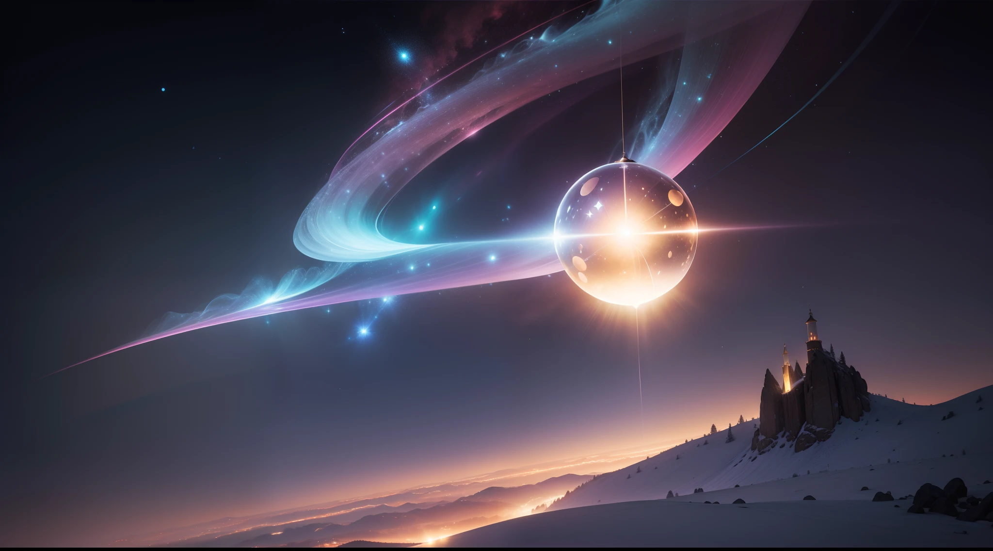 melhor qualidade,Altas:1.2),(ultra-detalhado,Realistic:1.37),bola de cristal flutuando,iluminado pela luz,magical ambiance,glowing particles in the air,ethereal beauty,levitate effortlessly,translucent glass ball,flying through the sky,cena encantada,dreamlike colors,soft pastel tones,suaves raios de luz,reflexos cintilantes,luminosidade deslumbrante,Sussurrando segredos,panos de nevoeiro.
