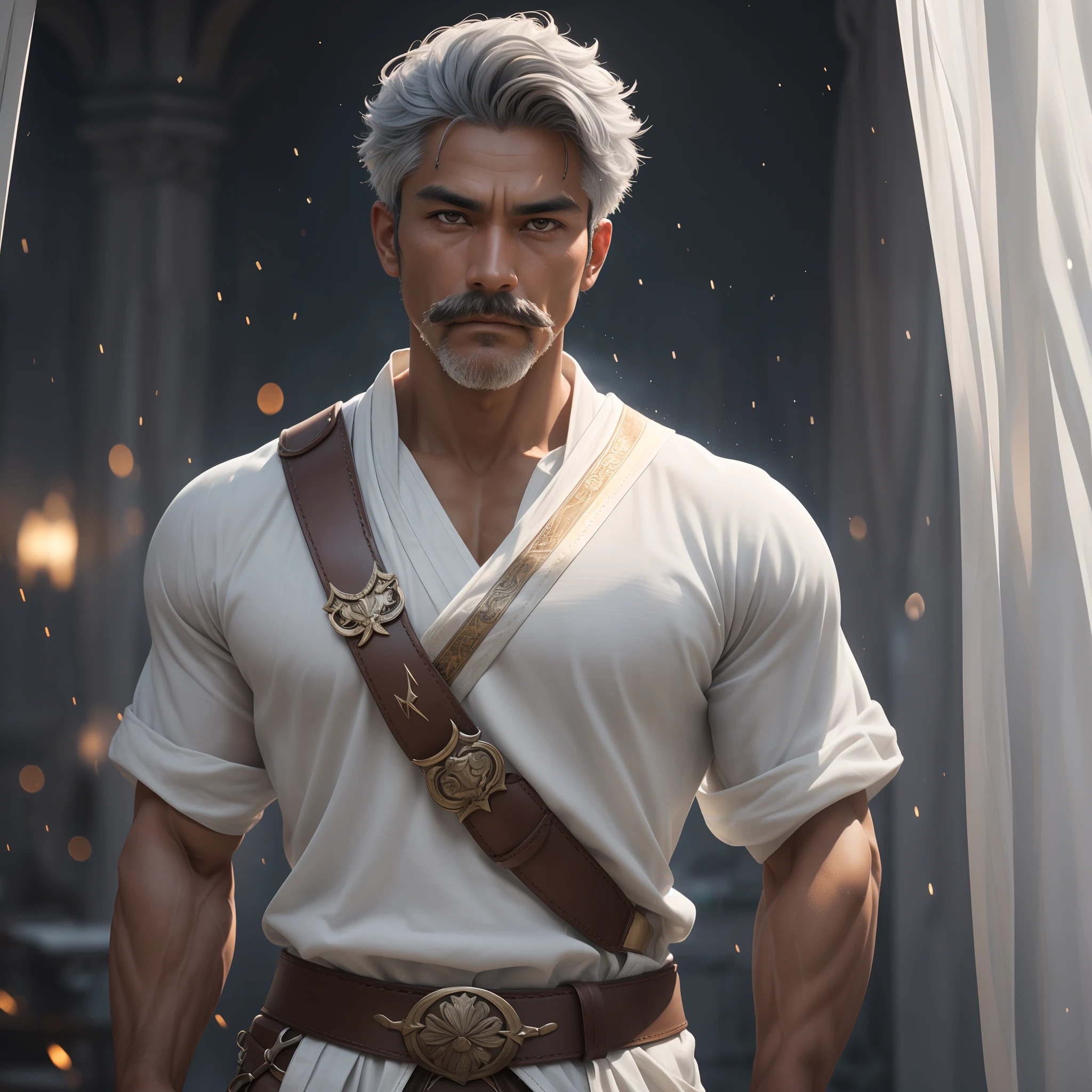 Portrait of 1man, muscular, asian, tanned skin, grey hair, grey upward pointing mustache, brown eyes, wearing belt, ((wearing white tunic:1.2)), wearing white loincloth, in light room with tapestries, looking at viewer, (inquisitive expression), regal demeanor, warrior, bokeh, raytracing, realistic textured skin, particle effects, depth of field
