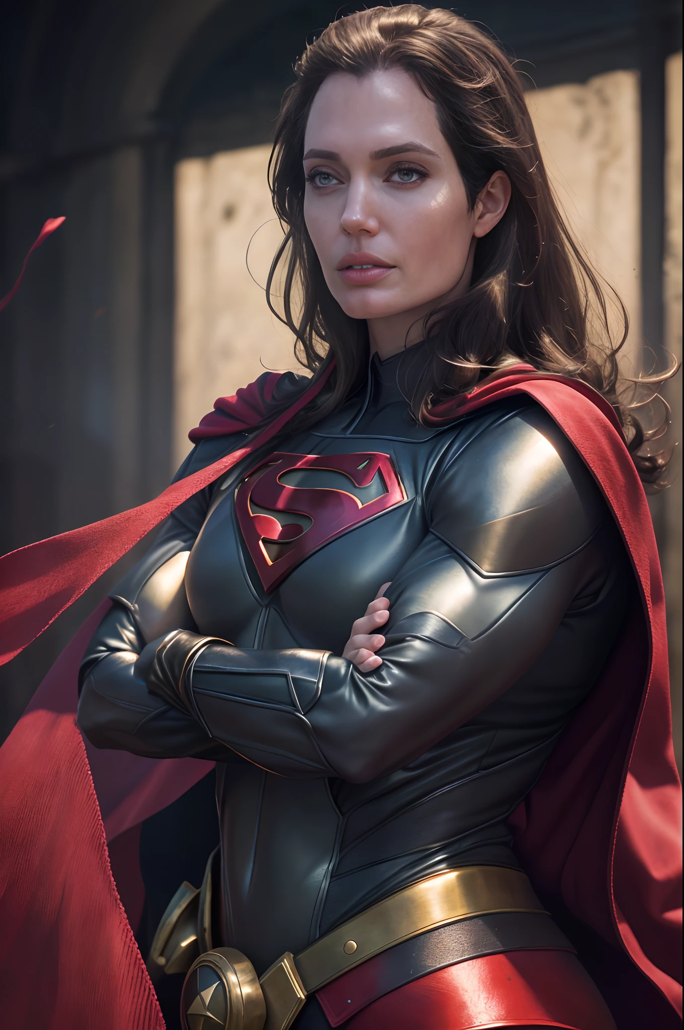 Angelina Jolie, Henry Cavill como Superman, 40 anos, todos os detalhes azuis e vermelhos terno, bare handed, big red S symbol on the chest, capa vermelha, strain of hair covering forehead, cabelo de corte curto, cabelos arrumados, alto, manly, corpo hunk, musculoso, ombro largo, face reta, cabelos pretos, best quality, high resolution:1.2, master part, Foto RAW, fundo escuro, terno detalhado, Rosto detalhado, tiro na parte superior do corpo, folded arms, runic scene in the background,