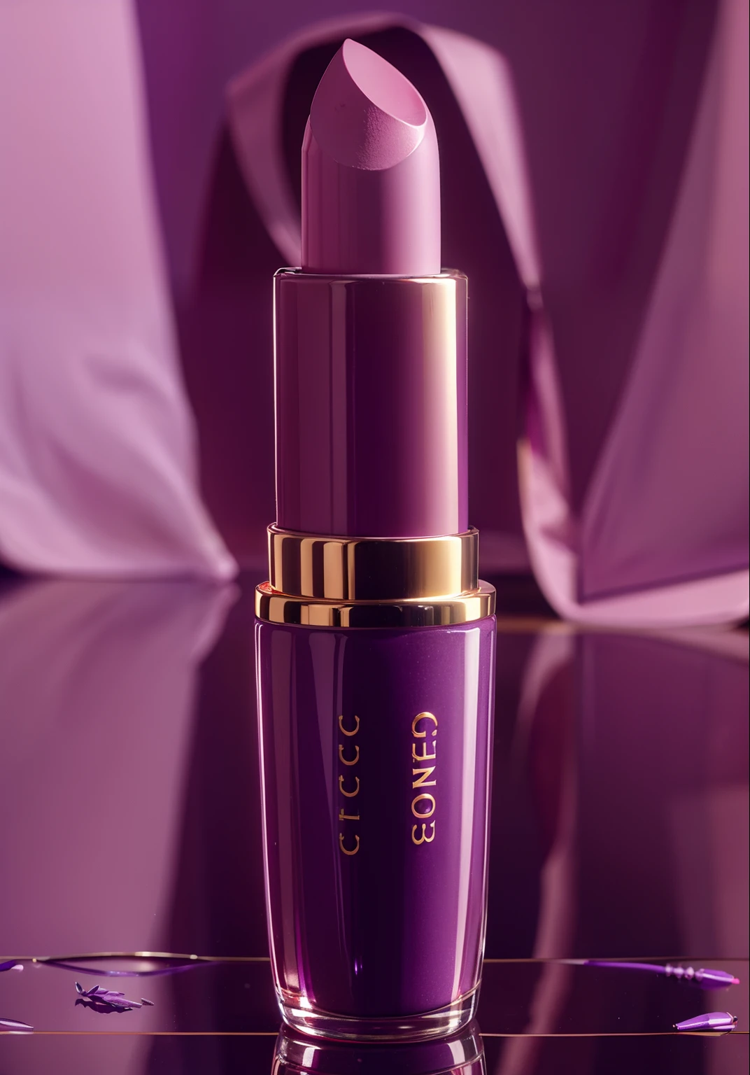 A product photography of a lipstick in the studio on a glassy table, reflecting, surrounded by lavender, luxury, purple background, super detailed
