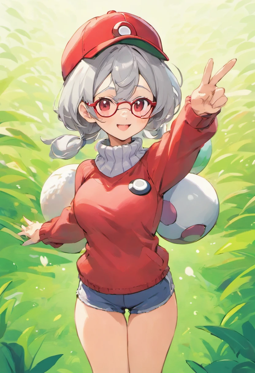 Red glasses,Hi-Res, 1womanl,Pose with your arms stretched forward, 独奏,Holding a Poké Ball in Your Hands, grey eyes, white hair, Red glasses,Red Baseball Cap, Red knitted turtleneck with long sleeves, White shorts, a belt, Grassy, deph of field, The best smile, Stick out the arm holding the poké ball, put hands on the hip,