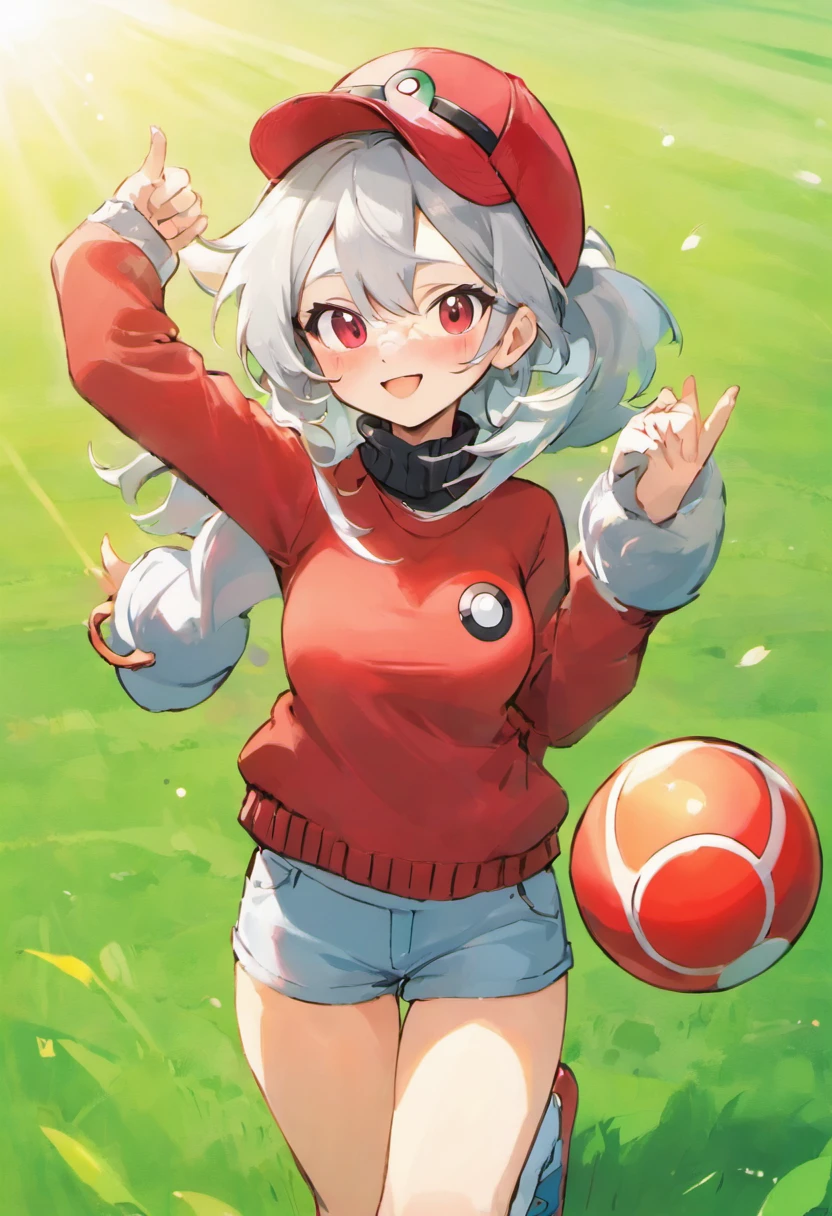 Red glasses,Hi-Res, 1womanl,Pose with your arms stretched forward, 独奏,Holding a Poké Ball in Your Hands, grey  eyes, white  hair, Red glasses,Red Baseball Cap, Red knitted turtleneck with long sleeves, White shorts, a belt,  Grassy, deph of field, The best smile, Stick out the arm holding the poké ball, put hands on the hip,