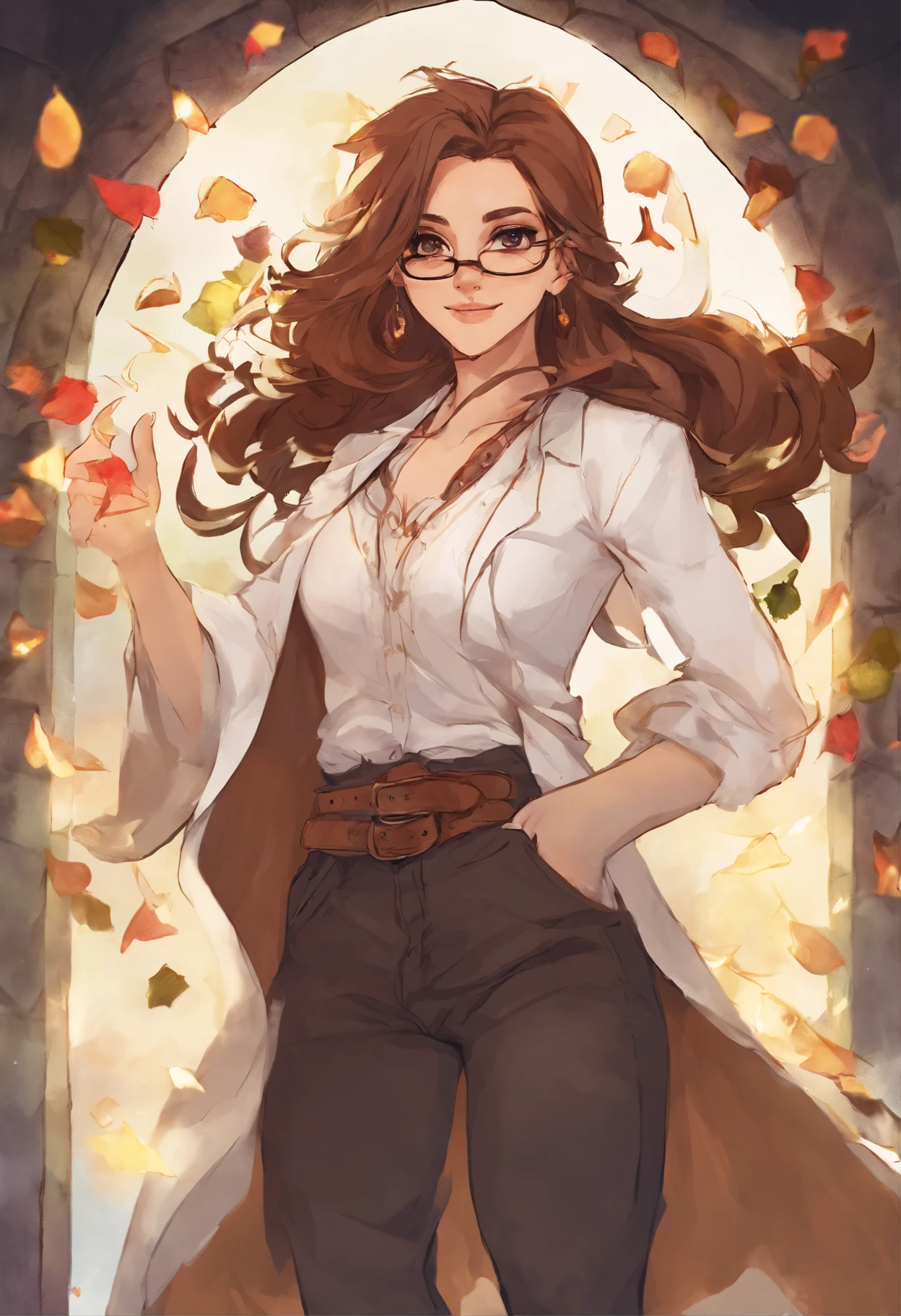 Mulher com cabelo marrom, com a cor dos olhos marro, wearing a pair of glasses and white lab coat, e uma blusa preta, and also with jeans and put on