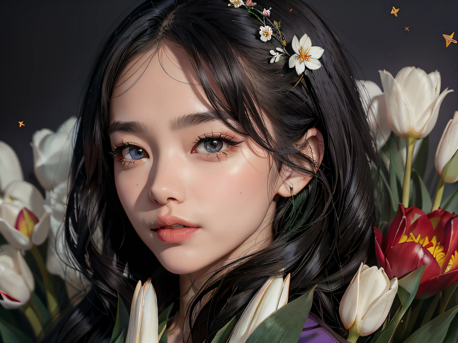 HD face details,short eyelashes,Jet black eyes,