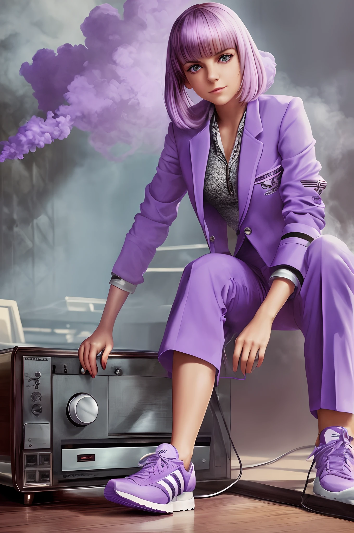 young Anna Faris, ssmile, (in a loose suit "adidas" lilac), Female sitting position on audio player with stereo speakers, (Chlorine smoke spreads across the floor), in the spotlight, (Eighties pin-up style), athletic fashion photography, Sexy, Synthwave style, bella poarch, Impasto painting, Extreme detailing, ((octans)),  Intricate, Extremely attractive art, ((beste-Qualit)), ((tmasterpiece)), ((Realistic)), (Perfect), 8K