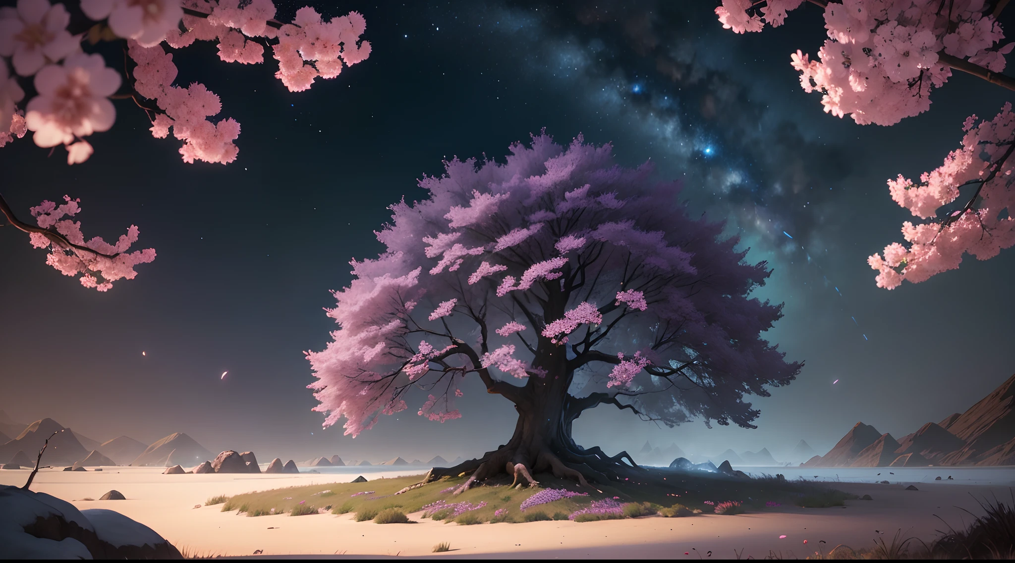 Cherry blossoms and beautiful flower trees under the starry sky:1.5, flowers, , fireflies , full moon, (detailed), firefly, night, (cold light source:1.2), purple, fire particles, colors, complex details, volumetric lighting, realistic fantasy BREAK (masterpiece:1.2), (Best Quality), 4K, Ultra Detailed, (Dynamic Composition: 1.4), High Detailed, Colorful Details, (Gloomy Colors: 1.2), (Luminous Lighting, Atmospheric Lighting), Gloomy, Dark, Magical ,beautiful, hi res, 4k, 8k, 16k, ultrahd, realisitic, photon mapping, radiosity, cinematic lighting, sharp focus, best quality, volumetric lighting, volumetric light, concept art, path tracing. warm colors, (RAW photo., best quality), (realistic, Realistic: 1.3), NVIDIA RTX Ray Tracing, octan render, high-resolution, beautiful, Awesome, finely and highly detailed, masterpiece, ultra-detailed, High, (best illustration), (best shadow), intricate, sharp focus, perfect composition, fantasy, intricate, elegant, volumetric mist, 8k UHD, DSLR, high quality, (grain of film: 1.4), Fujifilm XT3, art-station, smooth and sharp focus, detailed