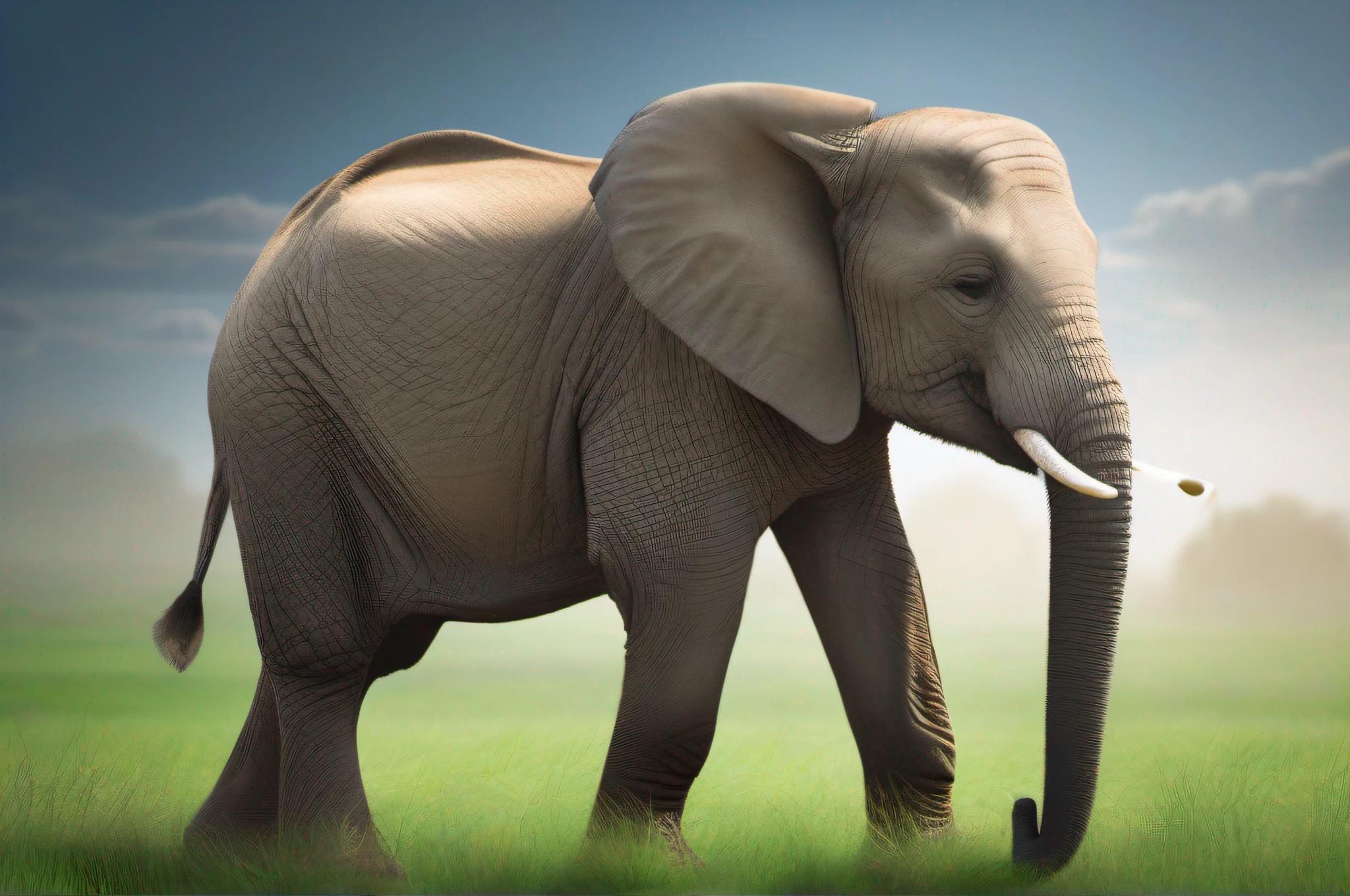 (best quality,4k,8k,highres,masterpiece:1.2),ultra-detailed,(realistic,photorealistic,photo-realistic:1.37),baby elephant,sitting,grass,playful,innocent,adorable,young elephant,sunny day,cute expression,[green] grass texture,dew drops on grass,curious eyes,sharp focus,wrinkled skin,fine details,happy,peaceful,tiny legs,round body,soft texture,fluffy ears,tail swaying,gentle breeze,harmonious colors,natural lighting,bluish shadows,mother elephant nearby,lush green environment,distant trees,clear blue sky