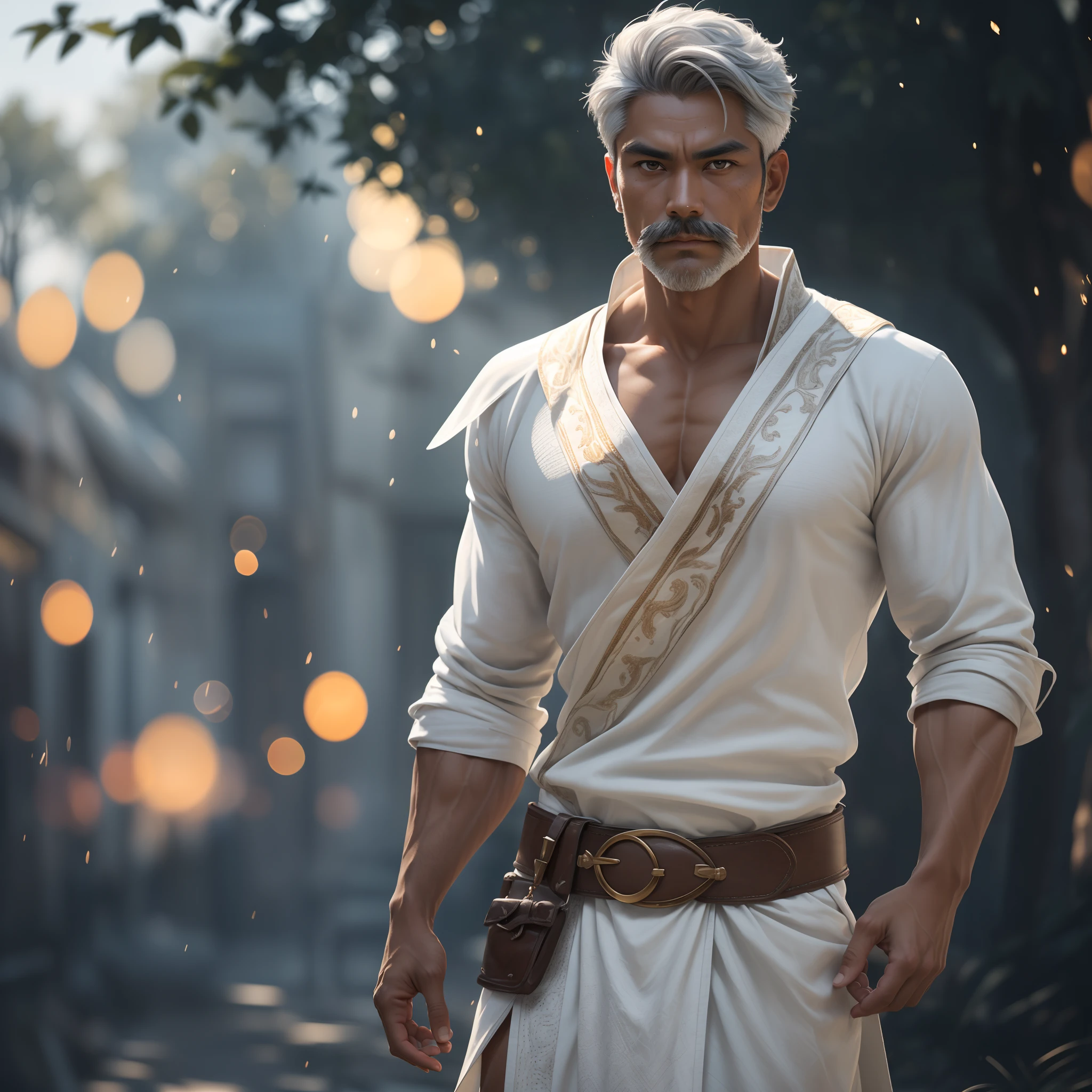 Portrait of 1man, muscular, asian, tanned skin, grey hair, grey upward pointing mustache, brown eyes, wearing belt, ((wearing white tunic:1.2)), wearing white loincloth, in light room with tapestries, looking at viewer, (inquisitive expression), regal demeanor, warrior, bokeh, raytracing, realistic textured skin, particle effects, depth of field