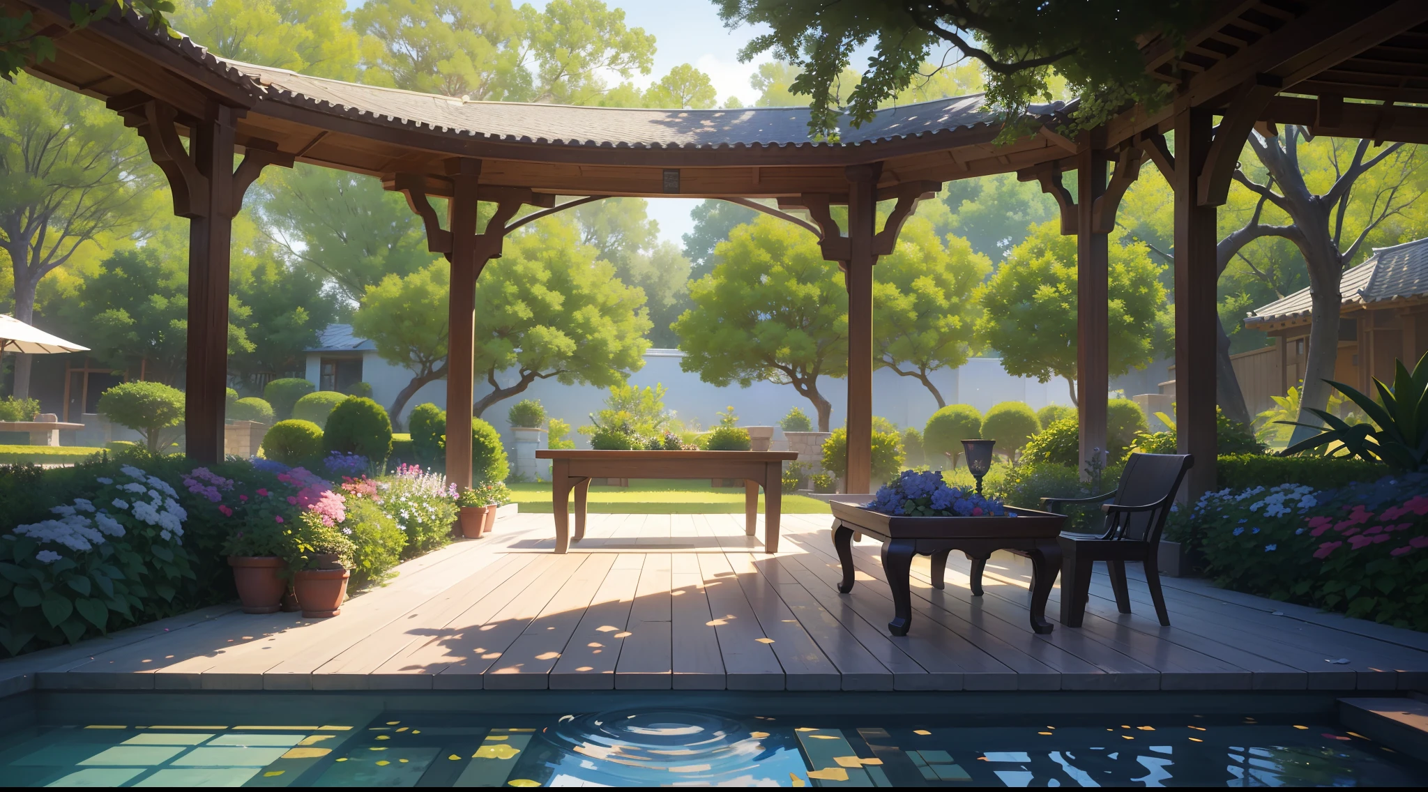 Description of a photo of a large and bright courtyard house, Features a floor of natural stones or fine wood, Surrounded by a beautiful green garden full of flowers and various plants, In the center of the patio there is a cosy terrace with elegant outdoor furniture, Where family and friends can relax and enjoy the outdoors, There is also a large canopy to provide shade on hot days, On both sides of the courtyard, There are different areas for entertainment and relaxation, There may be dedicated BBQ facilities and an outdoor dining area., and a play area such as a small children's playground or pool table, Green gardens surround the courtyard from all sides, And give an atmosphere of calm and beauty, Large trees and flowering shrubs can be seen that add a touch of beautiful nature, 8k, Quilty Altitude, Realistic, Beautiful realism, outstanding detail, RAW photo, Light and cool lighting, realistic photo, Cel shaded, Gel lighting, ultra-detail