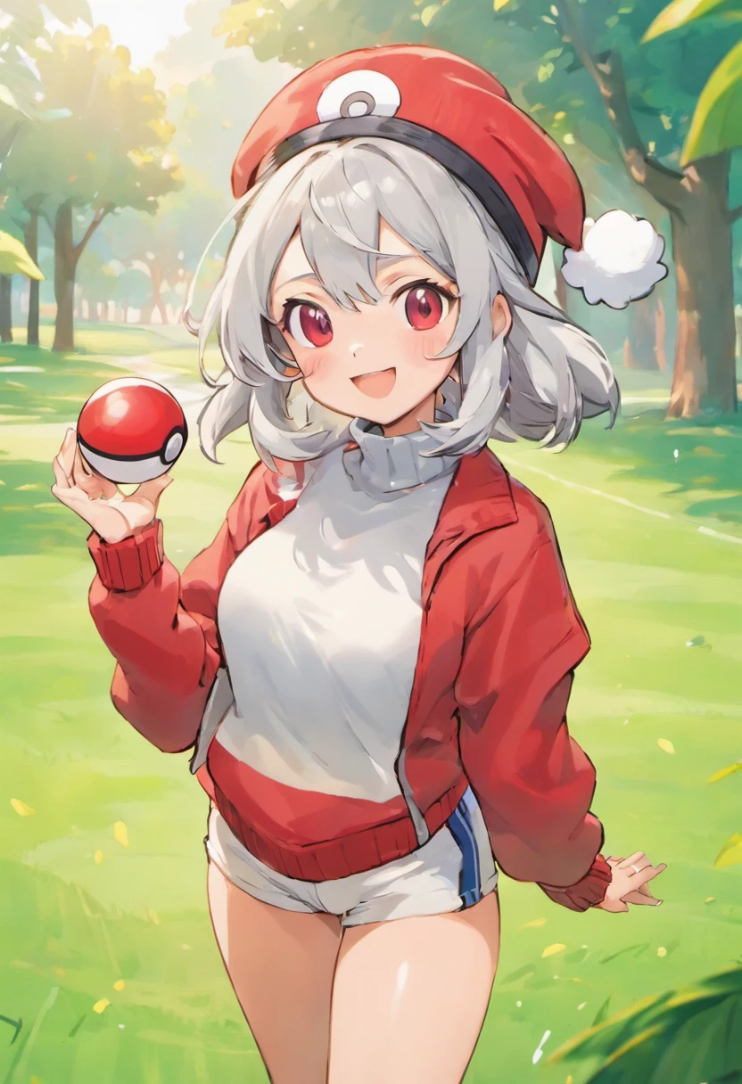 Red glasses,Hi-Res, 1womanl,Pose with your right arm stretched forward, 独奏,Holding a Poké Ball in Your Hands, grey eyes, white hair, Red glasses,Red Baseball Cap, Red knitted turtleneck with long sleeves, White shorts, a belt, Grassy, deph of field, The best smile, Stick out the arm holding the poké ball, put hands on the hip,