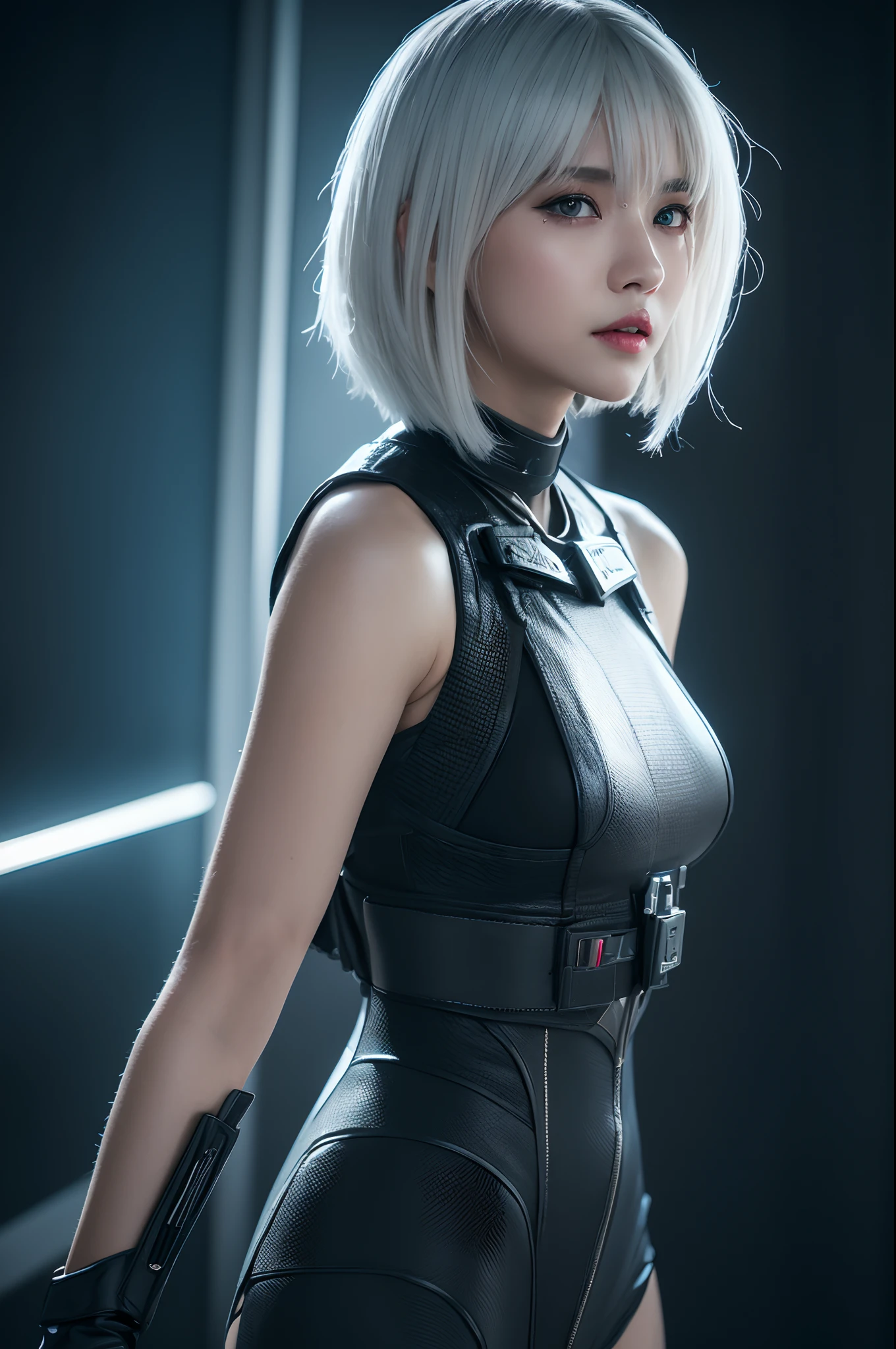 bestquality,highquality,superdetail,texturedskin,detail,awardwinning，3D, A beautiful cyberpunk female image,battledress，white haired，hdr（HighDynamicRange）,Ray traching,NVIDIA RTX,Hyper-Resolution,Unreal 5,Subsurface scattering、PBR Texture、post-proces、Anisotropy Filtering、depth of fields、maximum definition and sharpness、Many-Layer Textures、Albedo e mapas Speculares、Surface coloring、Accurate simulation octane rendering of light-material interactions、Two-colored light、largeaperture、Low ISO、White balance、the rule of thirds、8K raw data、blackstockings