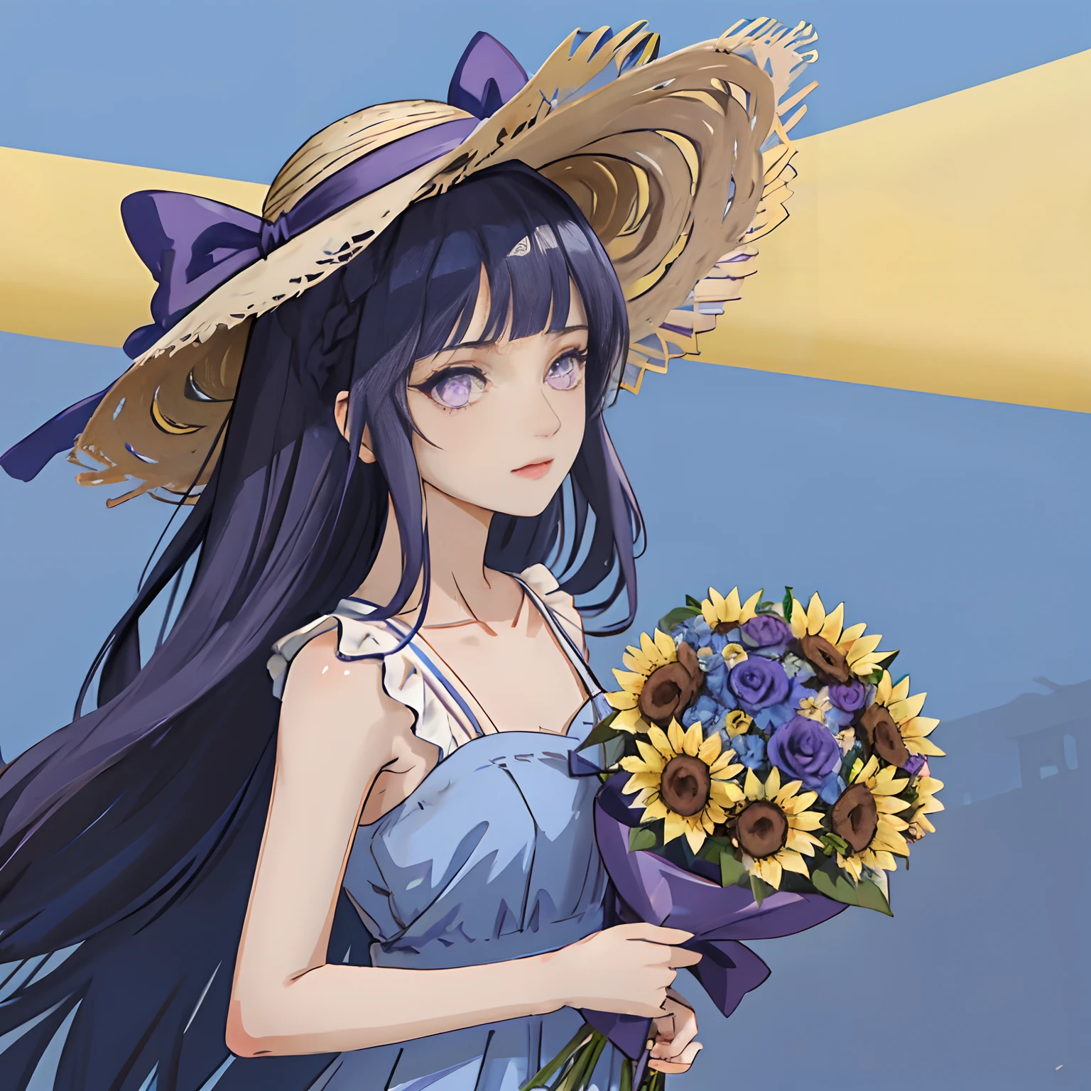 1girl,  arms, blue ribbon, bouquet, bow, collarbone, dress, flower, grey dress, hat, hat bow, holding, holding bouquet, long dress, long hair, looking at viewer, purple bow, dark blue hair, ribbon, sleeveless, sleeveless dress, solo, standing, straight hair, straw hat, sun hat, sundress, sunflower, very long hair, purple eyes, yellow flower, yellow headwear, Blunt Bangs