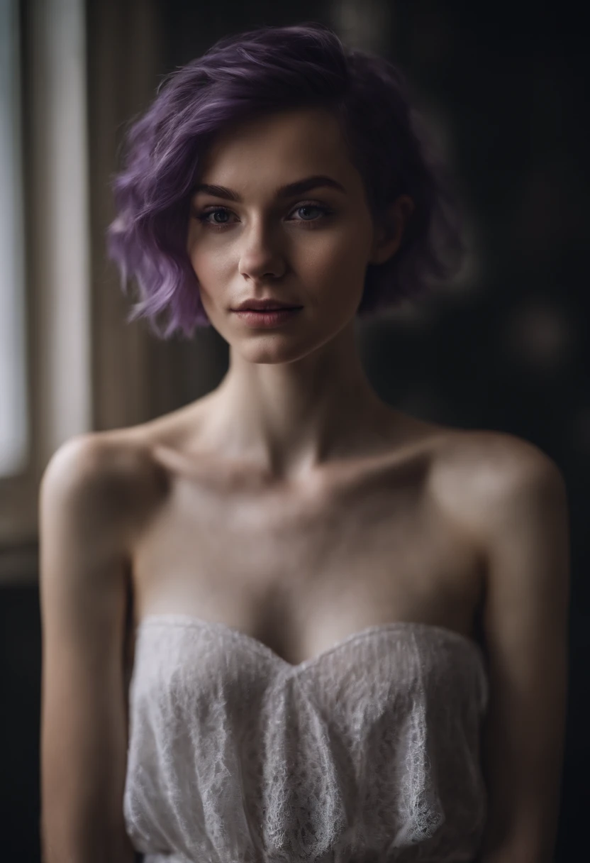 naked girl. teen. slim body. skinny body. thin body. this waist. cute. looking at viwer. wet skin. Pale skin. purple hair. short hair.