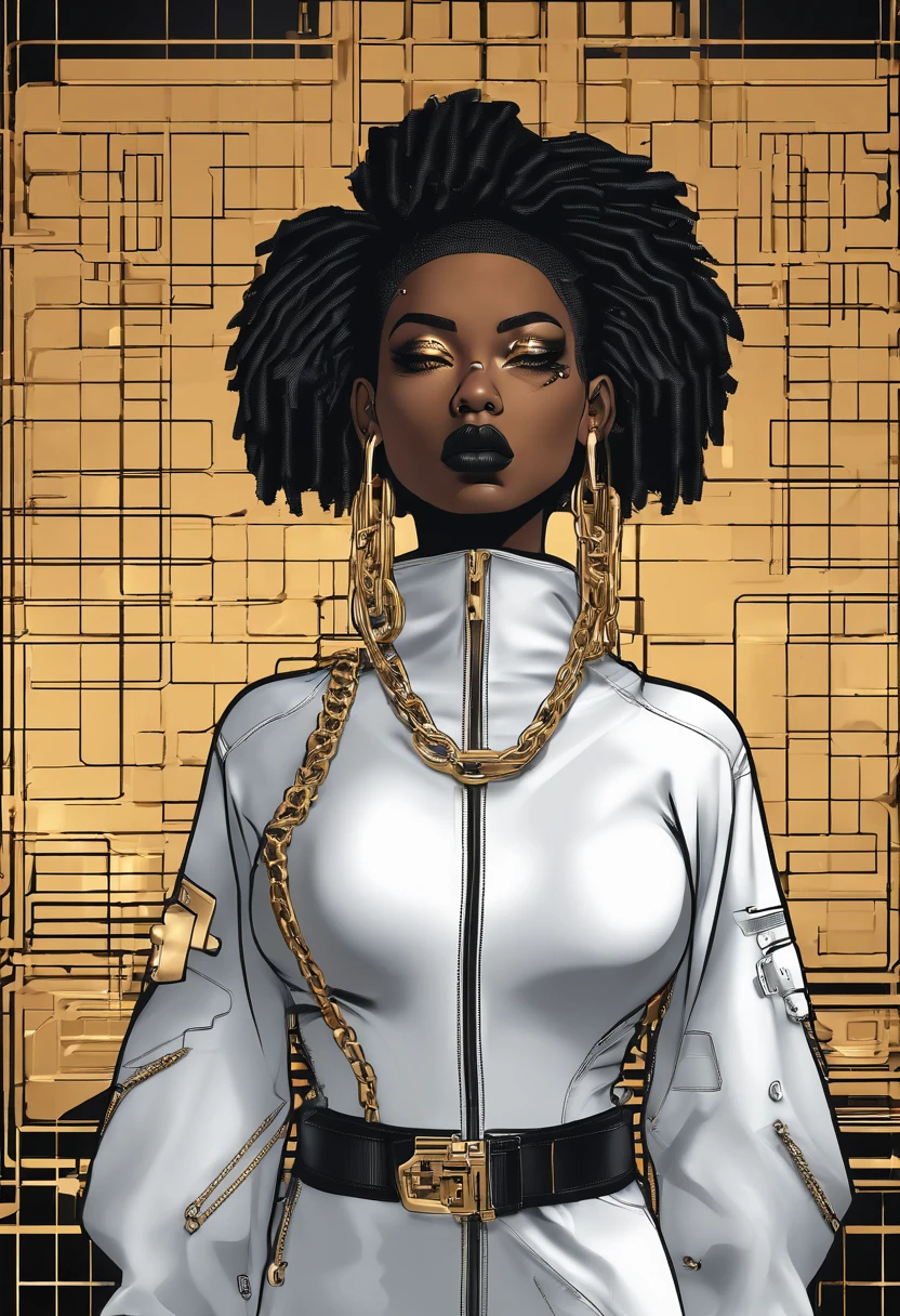 Ghotic woman afro cut with big bare breasts and piercing on the nipples of gold chains