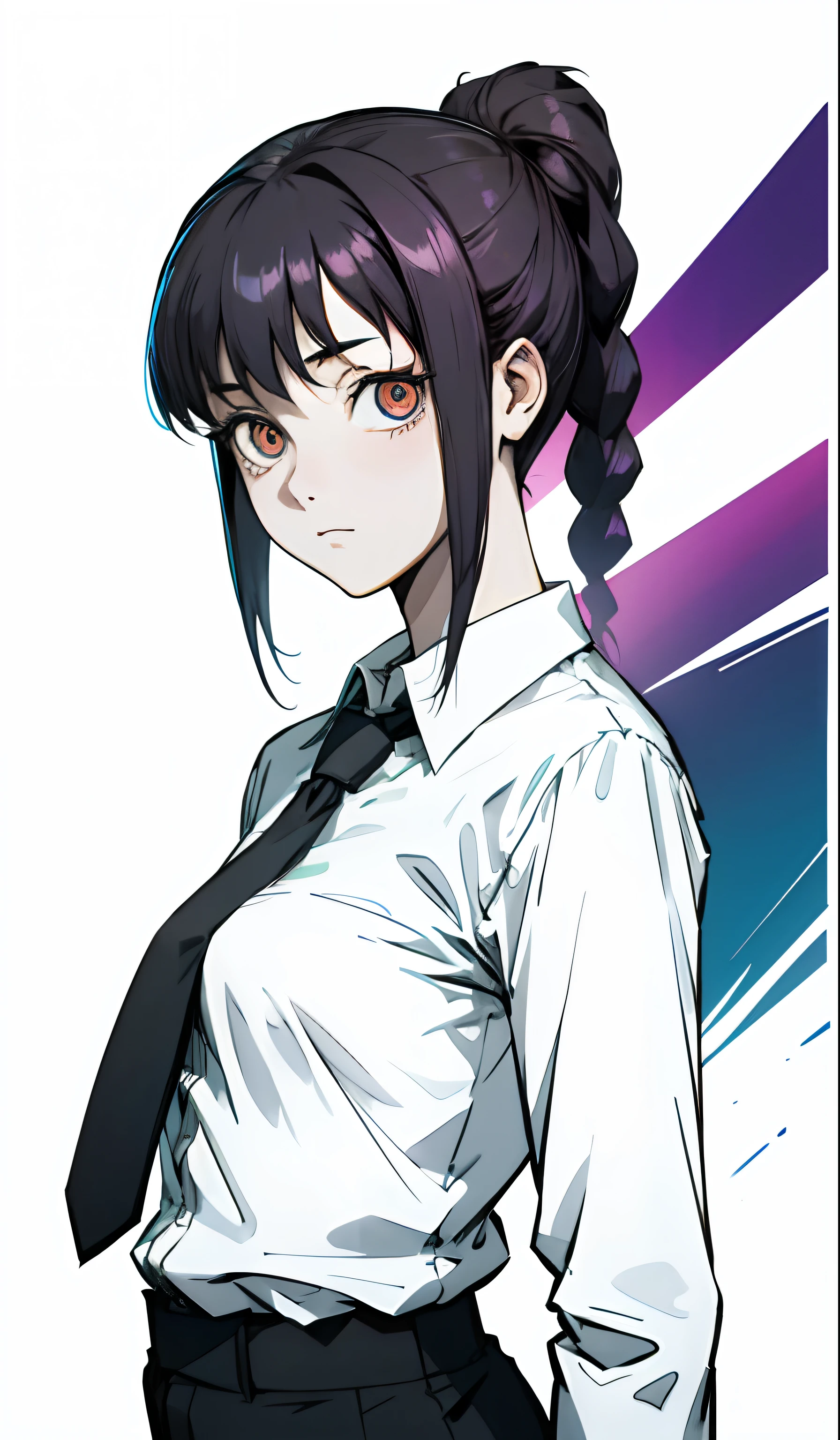 Makima una chica,age 21,Camisa manga larga, black pant, corbata negra,high resolusion, ultra detallado, Sombra realista,ojos brillantes, ambiente oscuro,