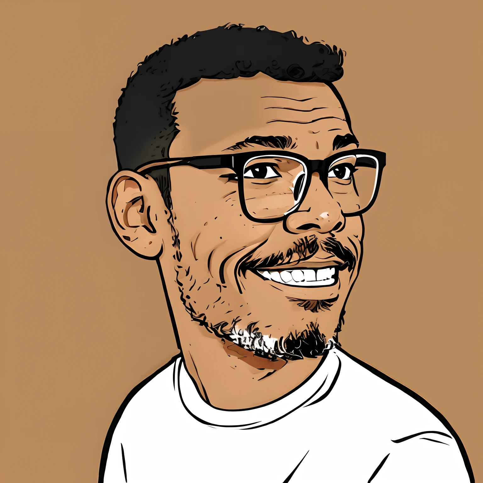 guttonerdjul23, 2d illustration of light brown skinned man wearing glasses, sorriso sedutor, camiseta preta, short hair, olhos castanhos, estilo dos desenhos animados, fundo de quadrinhos, desfocar fundo