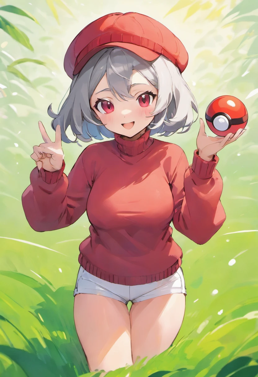 Turtleneck knitwear,Red glasses,Hi-Res, 1womanl,Pose with your right arm stretched forward, 独奏,Holding a Poké Ball in Your Hands, grey eyes, white hair, Red glasses,Red Baseball Cap, Red knitted turtleneck with long sleeves, White shorts, a belt, Grassy, deph of field, The best smile, Stick out the arm holding the poké ball, put hands on the hip,
