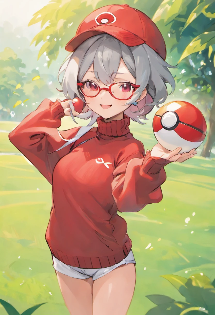 hight resolution, 1womanl,Pose with arm extended forward, 独奏,Holding a pokeball in your hands, gray eyes, gray hairs, red glasses,Red baseball cap, Red knitted turtleneck with long sleeves, white shorts, strap,  grassy, Def fields, The best smile, Stick your hand out, holding a Poké Ball, Put your hands on your thigh