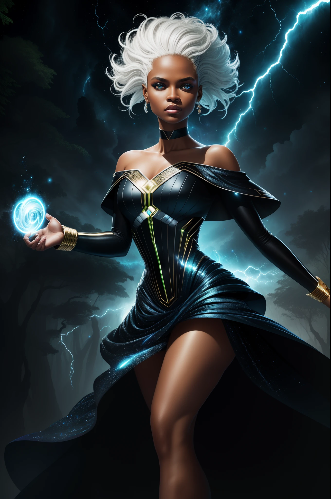 Masterpiece, best quality, super high resolution, fluorescent color, 1 ororo storm, looking at the audience, beautiful face, beautiful eyes, (off-the-shoulder: 1.2), head up, upper body, forest, shiny hair, shiny skin, shiny cut, finger scale coordination, black starlight dress, particles