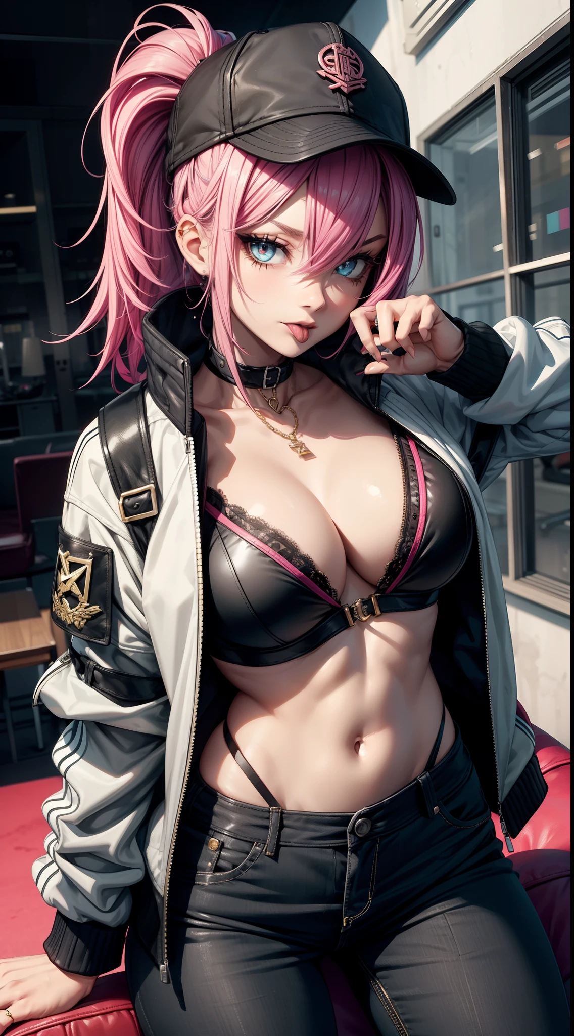 artistic, 1girl,badass, ((tongue out)), (cap), jacket,open jacket, no_shirt, bra, exposed abdomen, defined abdomen, sexy, sensual, agressive, perfect face, expressive eyes, superior, style, stylish, stylish cothes, cool, dynamic, ring, jewel, neck chain, gold, sitting, high angle, couch, cray, madness, colorful, ink, black pant,naughty,mischevious, pink hair,expressive,