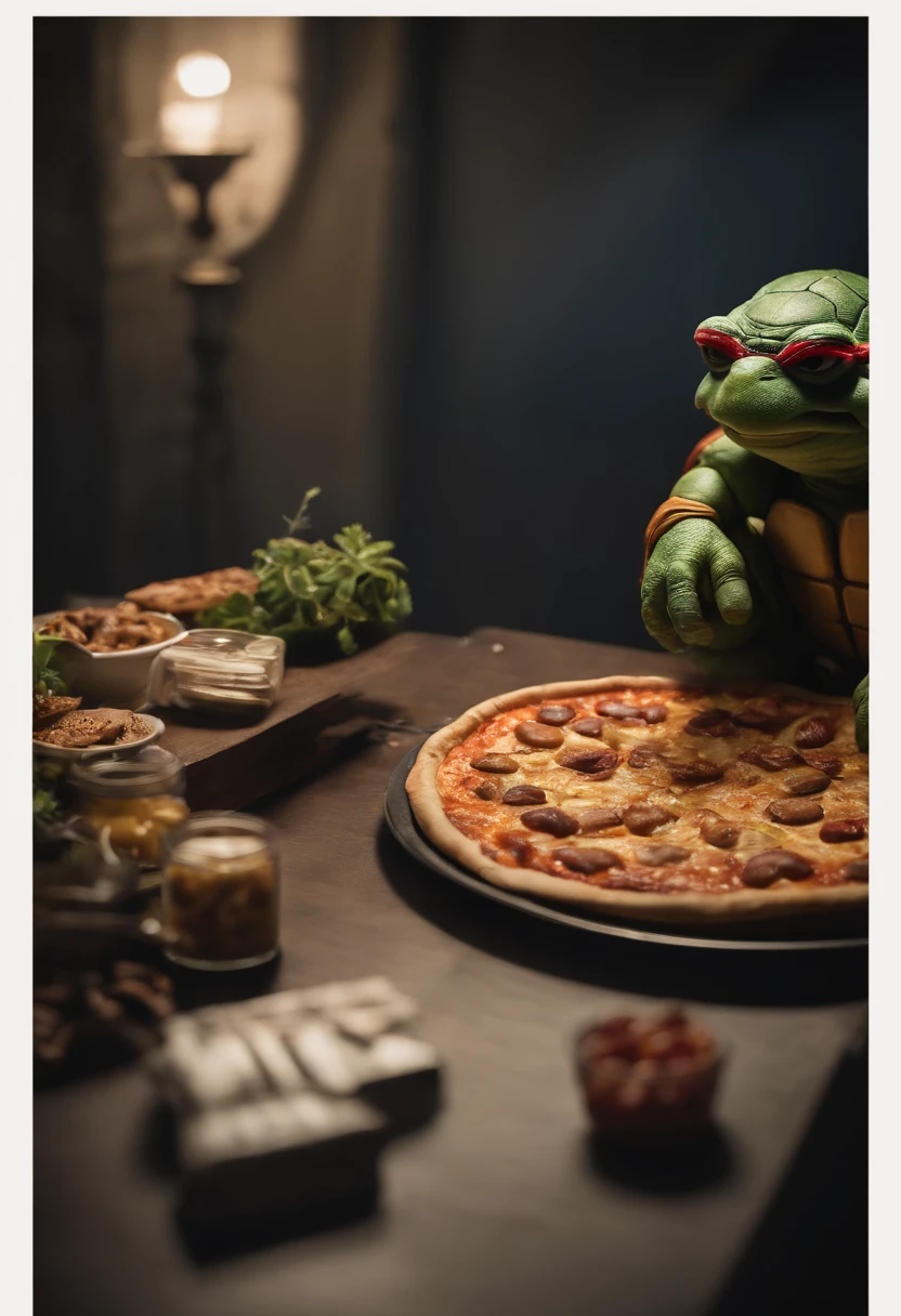 a close up of a age mutant in a dark room, teenmutant ninja turtle, teenage nt ninja turtles, as an anthropomorphic turtle, michael angelo, tmnt, anthropomorphic turtle hero, ninja turtles, inspired by Michaelangelo, donatello, anthropomorphic turtle humanoid, ninja turtle eating pizza, an anthropomorphic turtle