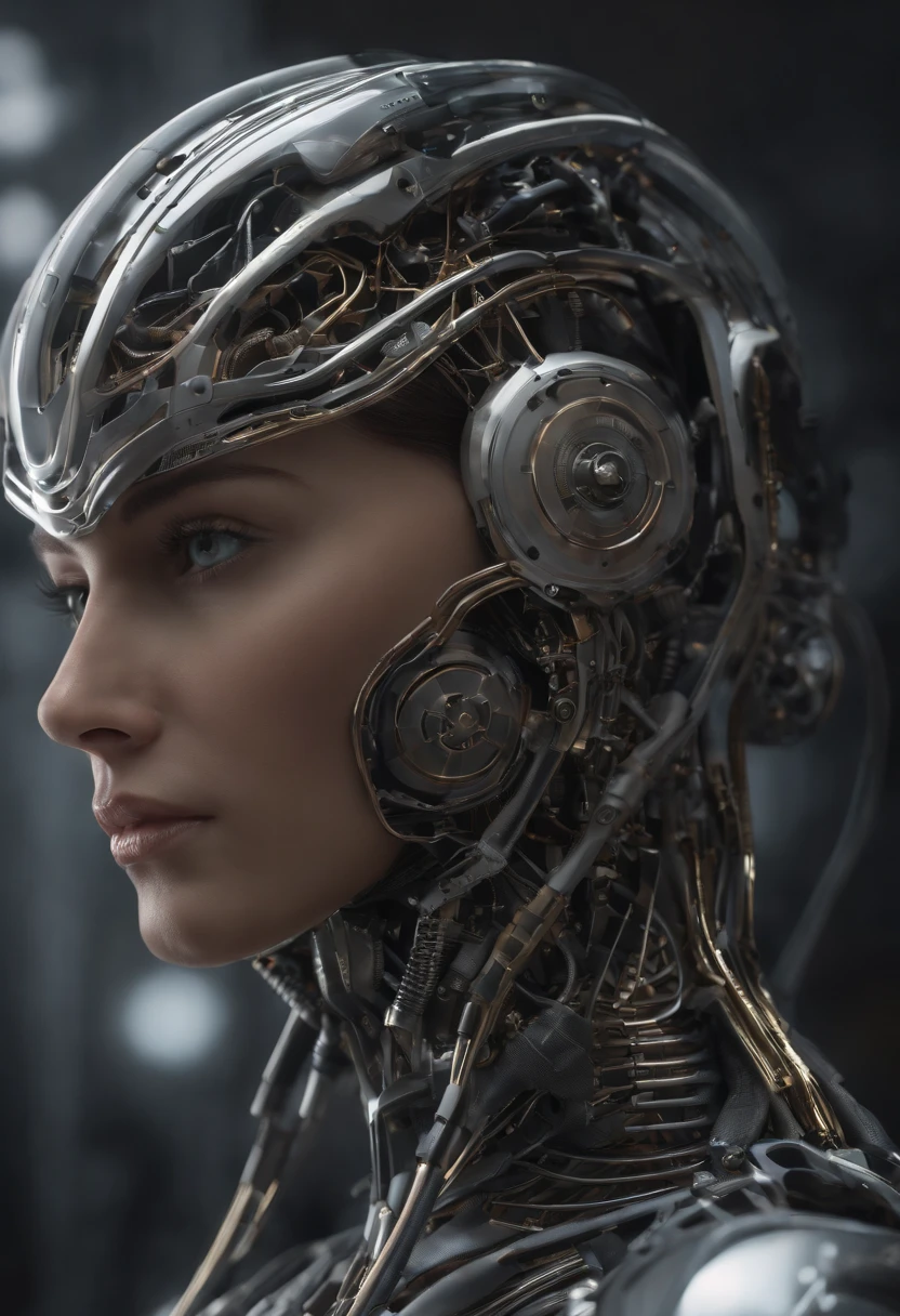 complejo 3d render ultra detallado de un hermoso perfil de porcelana hombre android cara, cyborg, Robotic Parts, 150 mm, hermoso estudio luz suave, luz de borde, detalles vibrantes, ciberpunk lujoso, encaje, hiperrealista, anatomical, facial muscles, electrical wires, microchip, elegante, hermoso fondo, octanaje, estilo H. R. Giger, 8k, mejor calidad, obra maestra, illustration, un extremadamente delicado y hermoso, extremadamente detallado, CG, unidad, papel tapiz, incredible, detalles finos, obra maestra, mejor calidad, arte oficial, fondo de pantalla CG 8k extremadamente detallado, robot, halmet plateado, ((cuerpo completo)), sentado